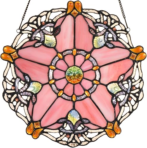 Bieye W10073 Panel colgante de ventana de estilo Tiffany barroco de 12 pulgadas de ancho redondo con diseño de estrella de cinco puntas (rosa)