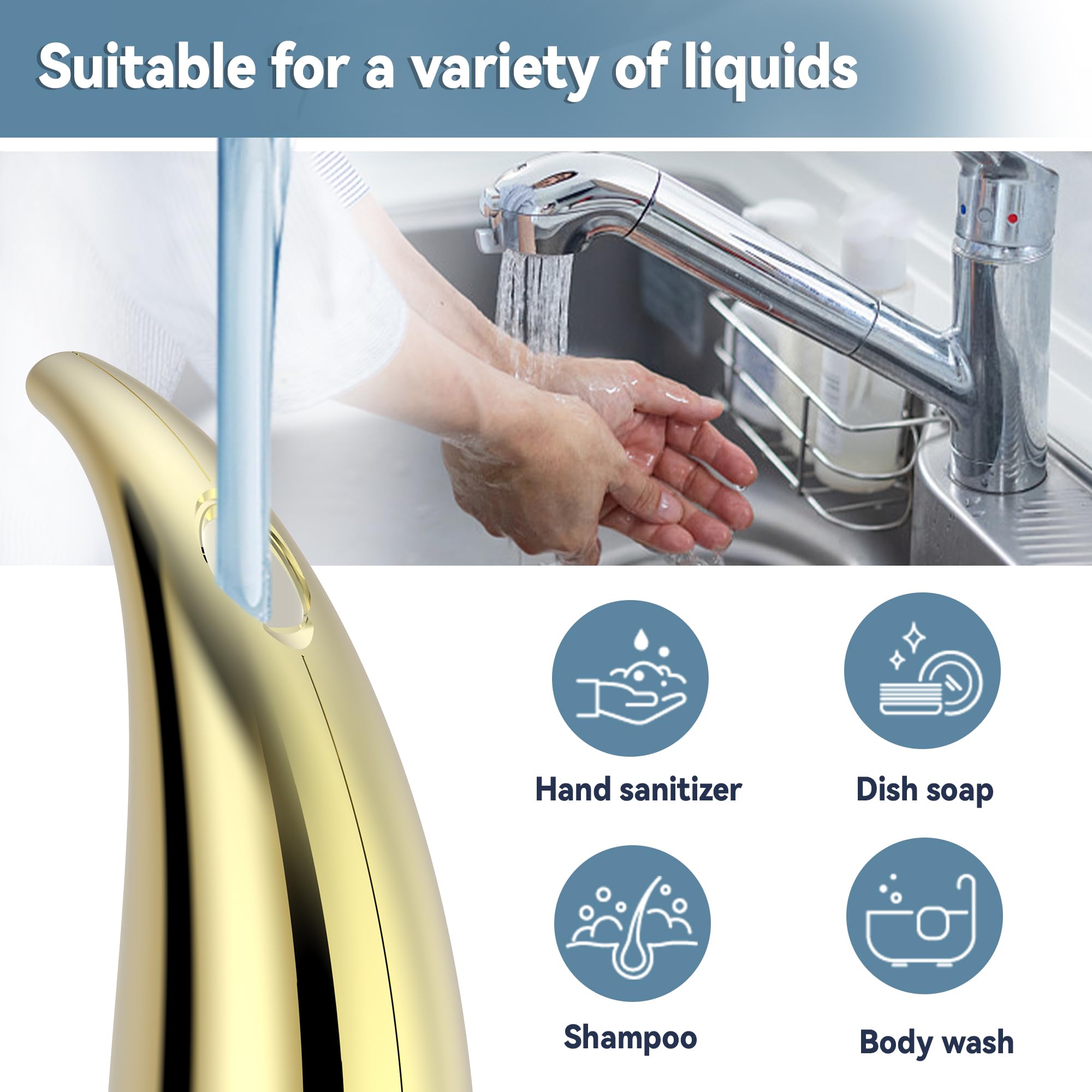 Dispenser di sapone automatico ricaricabile, senza contatto, dispenser per sapone da bagno, 4 regolabili, da cucina (oro)