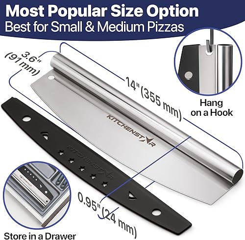 Miniatura 8 de Kit de fabricación de pizza de 14 pulgadas (juego de 2) – Cuchillo de corte de pizza de 14 pulgadas con cubierta de hoja + cáscara de pizza de acero