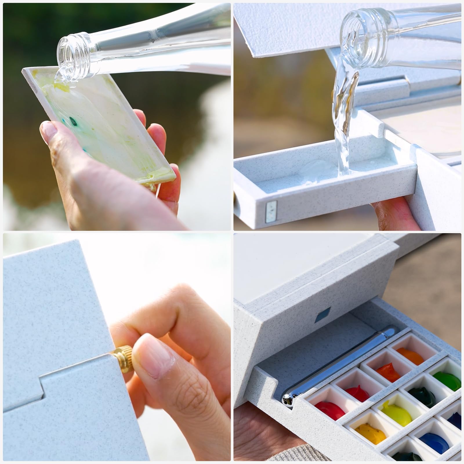 LIGHTWISH Scatola per acquerelli da viaggio, kit per acquerello portatile tutto in uno con 24 griglie vuote rimovibili, tavolozza in ceramica fatta a mano, tazza per acquerello e interfaccia