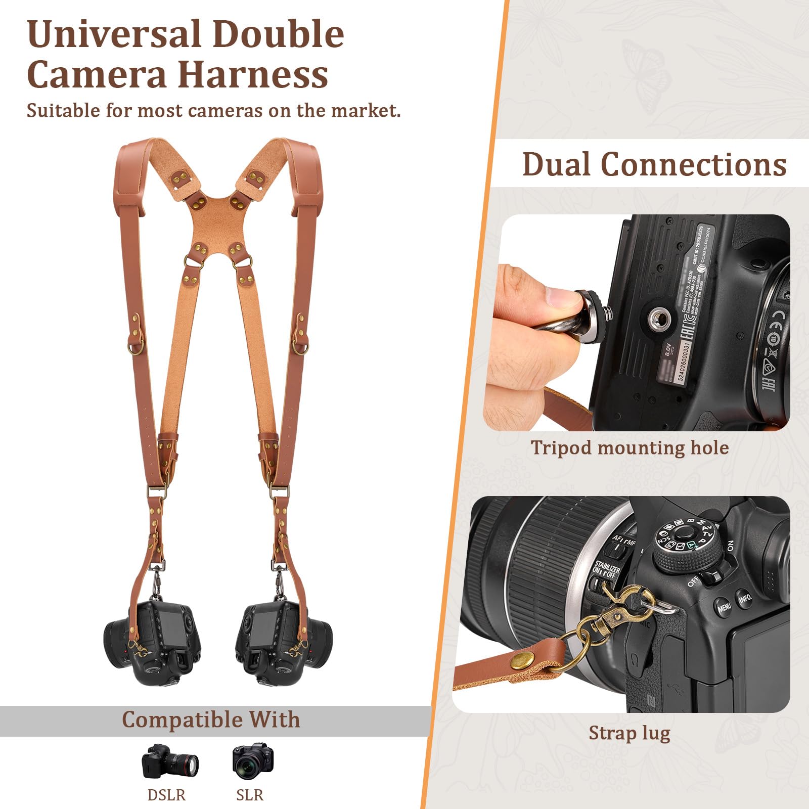 Jumyee Podwójny pasek do aparatu, uprząż aparatu dla fotografów, regulowane podwójne akcesoria do aparatu do 2 kamer, Brązowy (podwójny pasek do aparatu), Dual Camera Strap