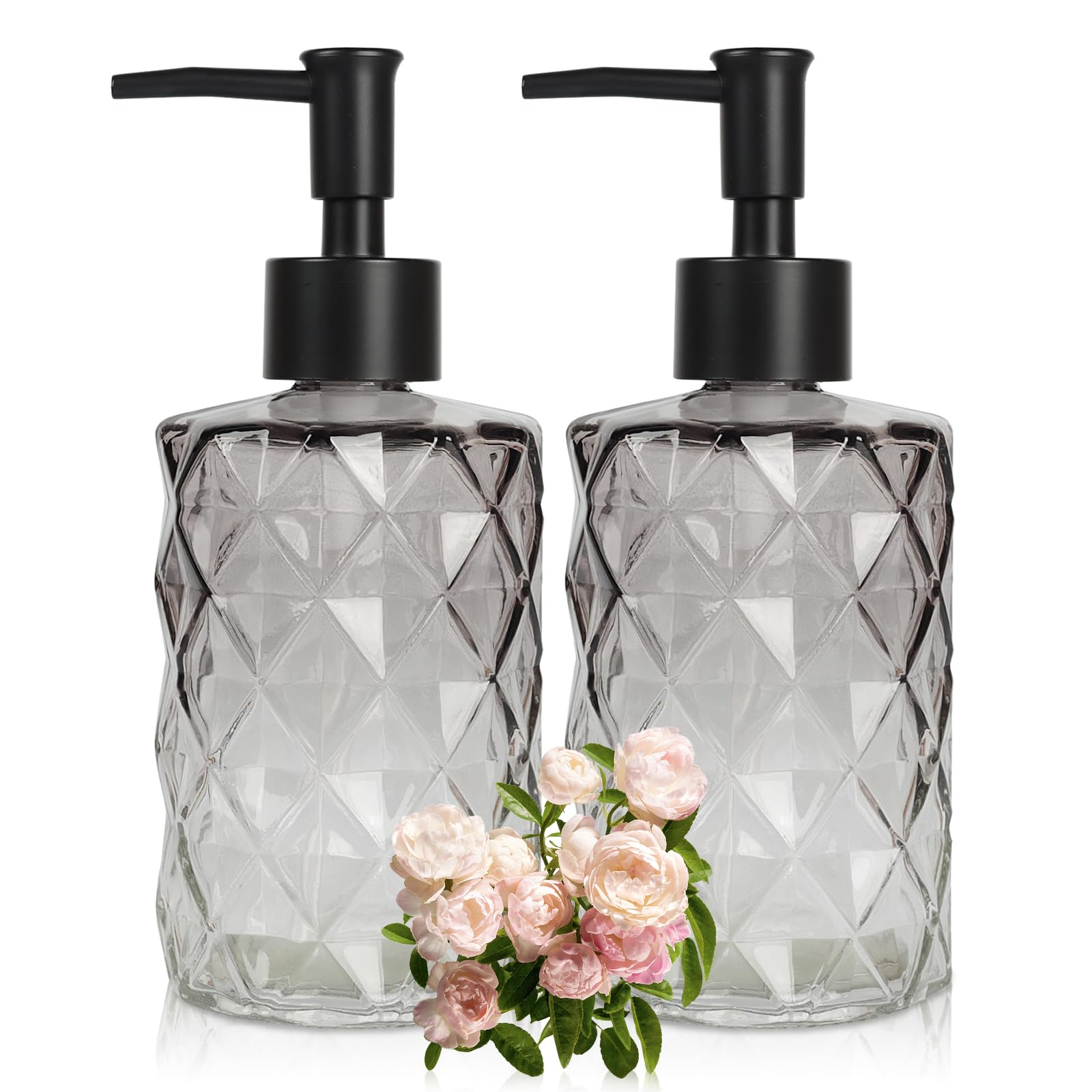 Ulable Glass Soap Dispenser with Plastic Pump, 2 Pack 12oz Gradient Diamond Design Black Soap Dispenser for Dishwashing Liquid, Lotion Shower Gel