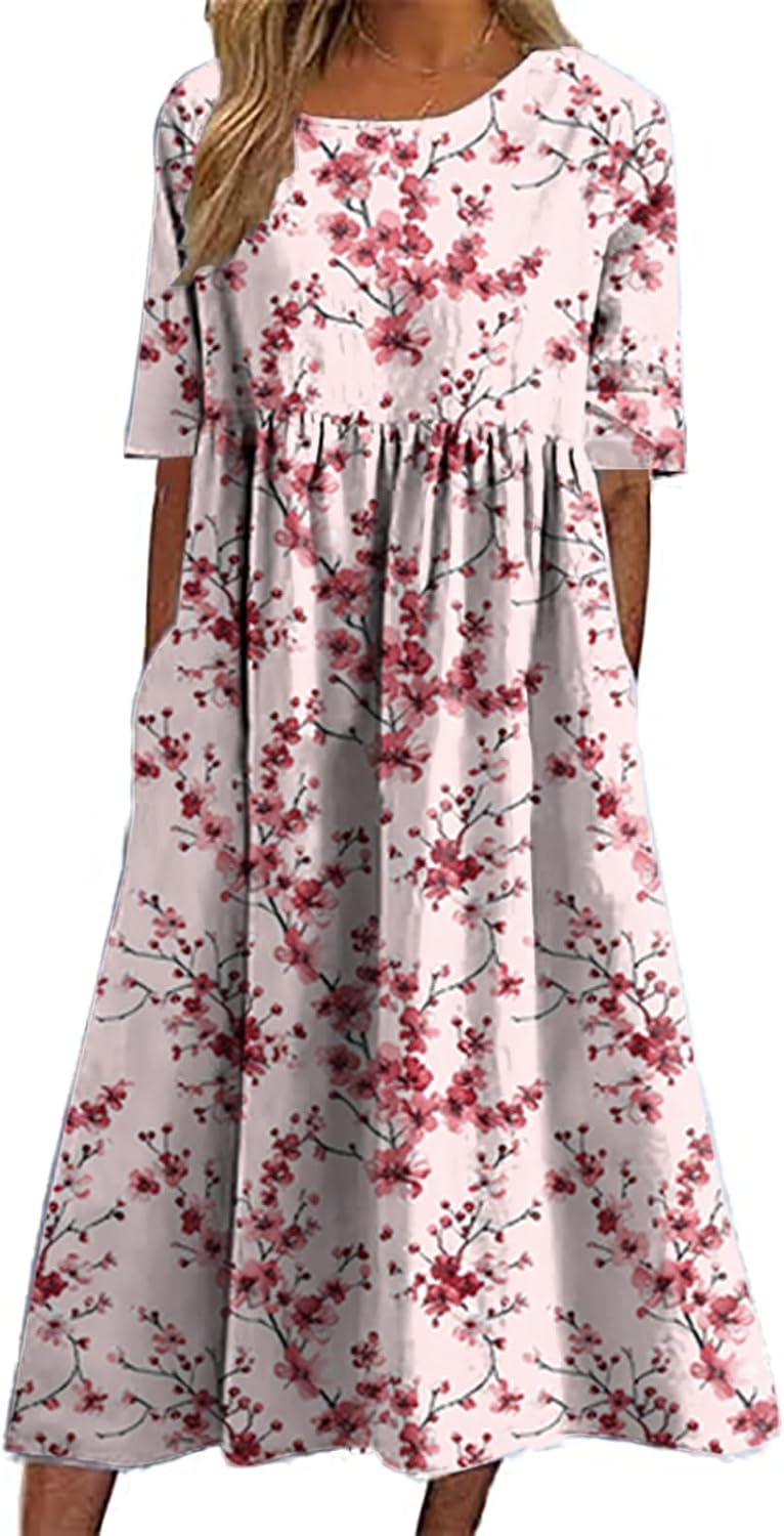 domirica Womens Trendy Boho Floral Dress Plus Size Half Sleeve Baggy Casual Crew Neck Dress