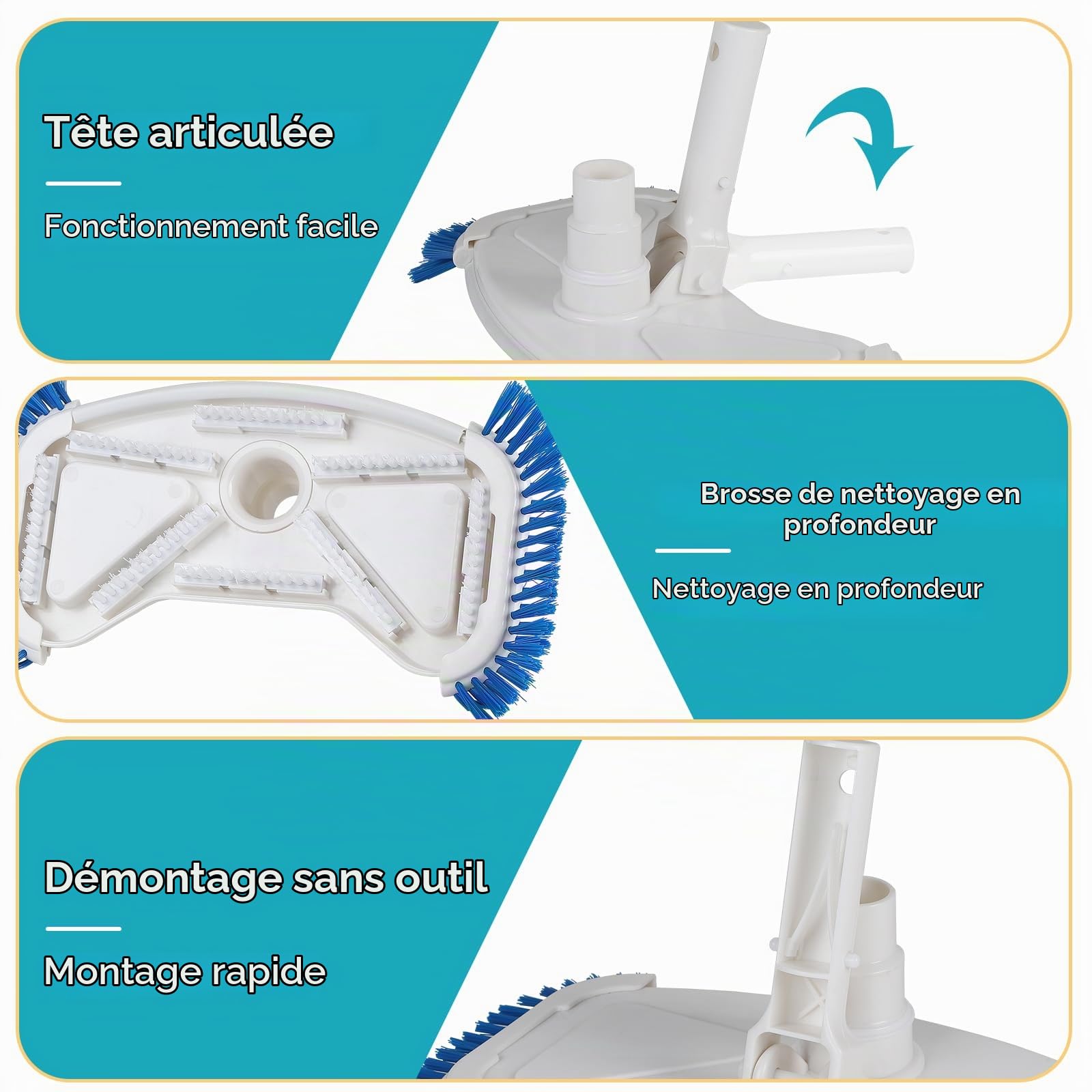 EFUTURETIME Aspirateur de Piscine Manuel avec φ38 mm Tuyau de 7,5 m | Tête d’aspiration Lestée avec Perche Télescopique 2,7 m et Rouleaux et Brosses Latérales et Lnférieures