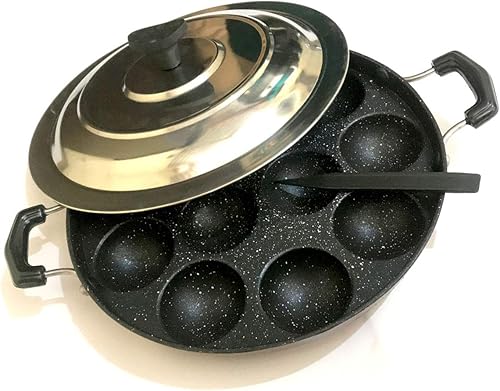 Miniatura 6 de Antiadherente resistente 12 cavidades (Pits) Appam Patra mango de dos lados con tapa de acero Paniyarakkal Paniyaram Pan Aebleskiver Maker