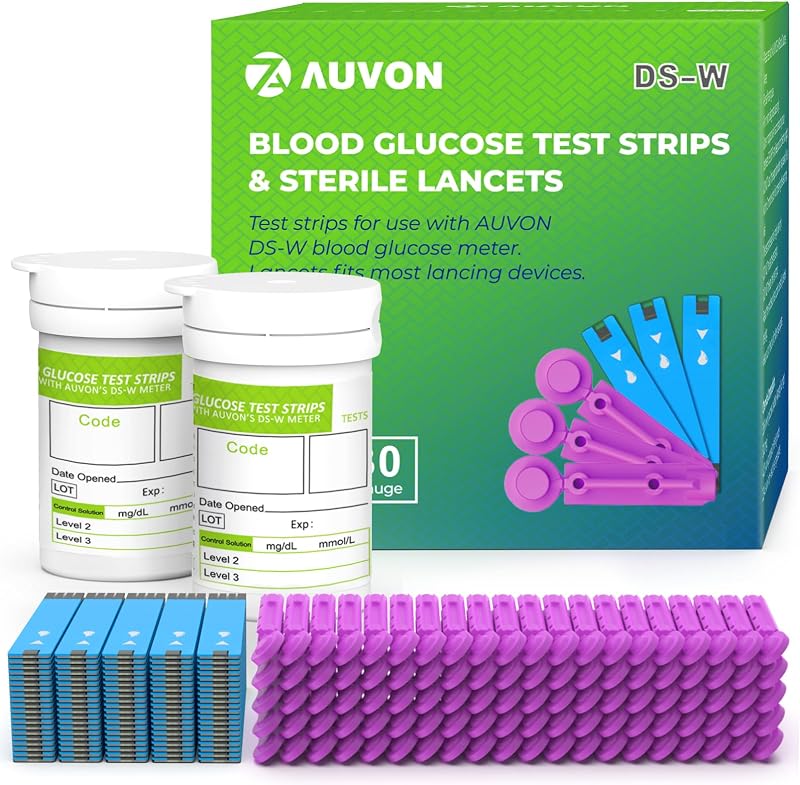 AUVON Blood Glucose Test Strips & Diabetic Lancets Kit, 100 Pack, 30 Gauge | Blood Glucose Test Strips Only Compatible with AUVON DS-W Diabetes Sugar Testing Meter, Work Effectively with Small Drops