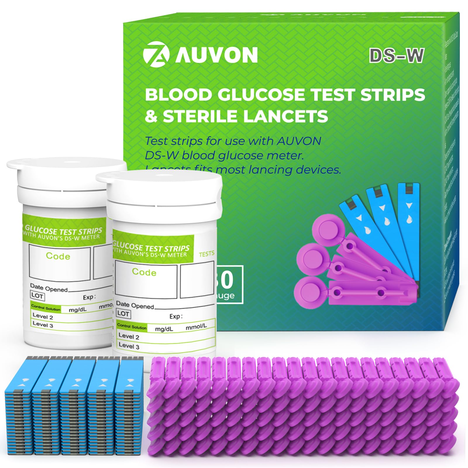 AUVON Blood Glucose Test Strips & Diabetic Lancets Kit, 100 Test Strips for Diabetes, 30 Gauge 100 Lancets for Blood Testing with Less Pain, Fit AUVON DS-W Glucose Meter