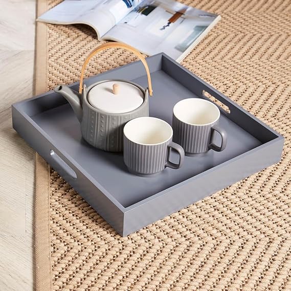 Home Source Butlers Side Table Portable Wooden Food Drink Serving Tray, Grey, 40cm