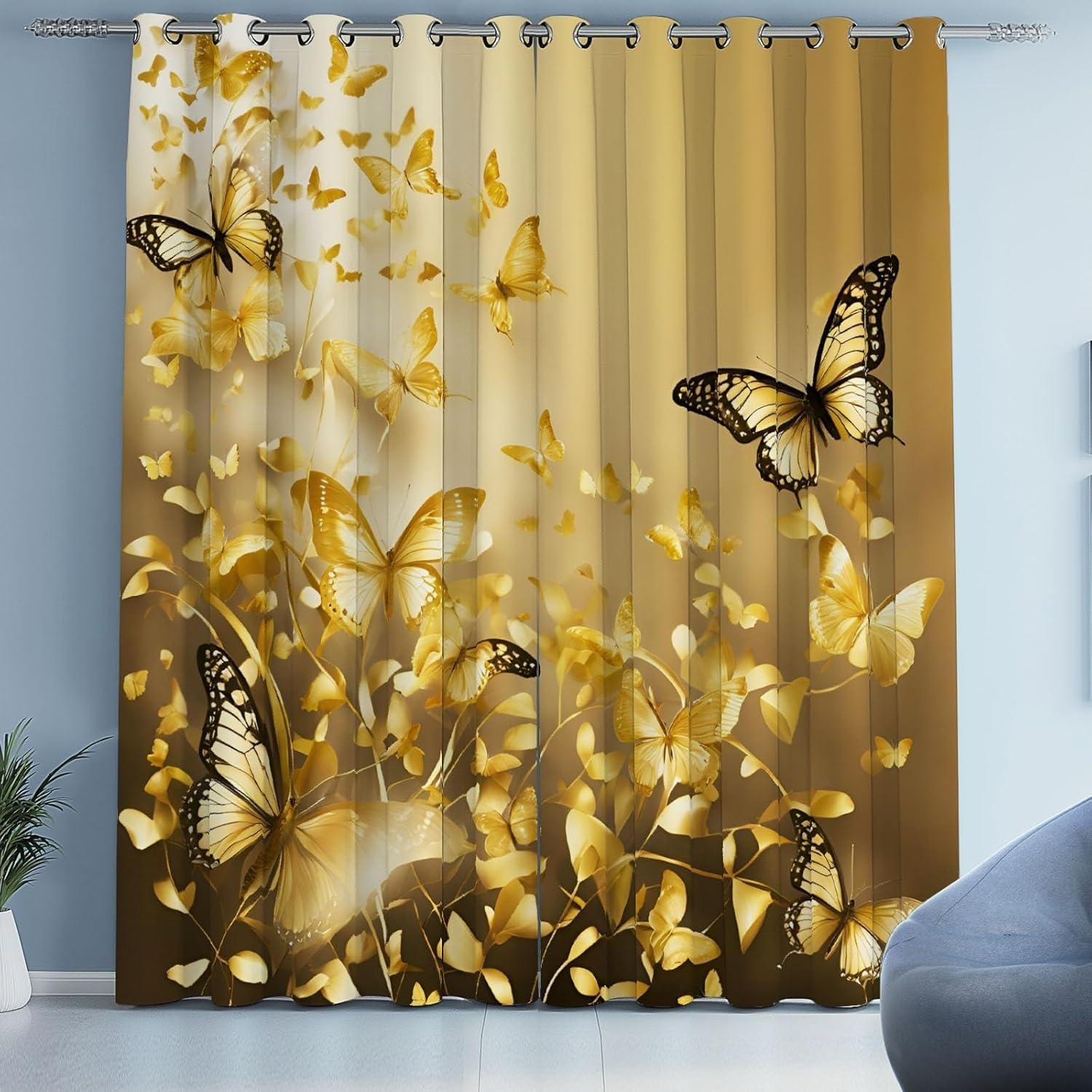 Butterfly Gold nieprzezroczyste zasłony do sypialni, zasłona termiczna z oczkami, zestaw 2 sztuk, wys. 300 x szer. 140 cm, eleganckie zasłony zaciemniające, zasłony chroniące przed hałasem