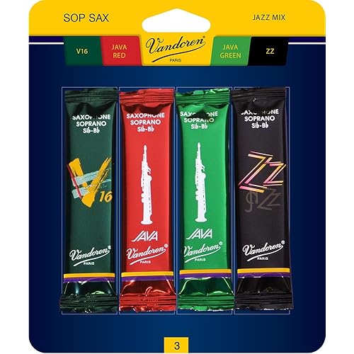 Vandoren SRMIXS3 Soprano Sax Jazz Reed Mix Card includes 1 each ZZ, V16, JAVA and JAVA Red Strength 3