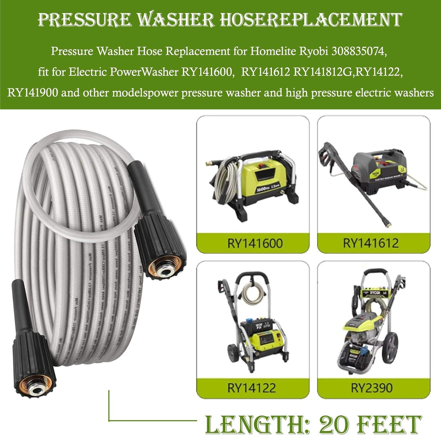 Pressure Washer Hose Replacement for Ryobi RY141600/RY141612/RY141812G | High Pressure 308835074 Fit Electric Power Washers | 3-Layer Steel-Braided AU Water Grade