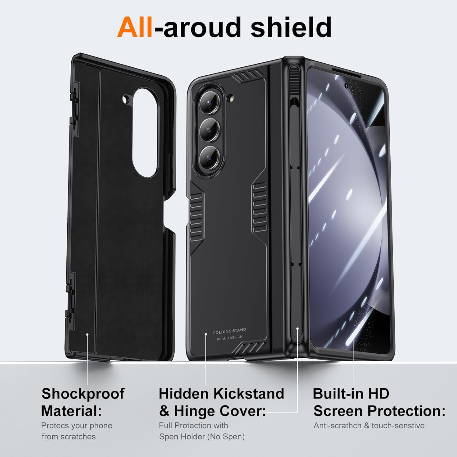 for Samsung Galaxy Z-Fold-5 Stand Case: with Slim S Pen Holder (Not Include Pen), Built-in Screen Protector, Hidden Kickstand, Hinge Protection, Wireless Charging for ZFold 5 Phone Cover (Black)