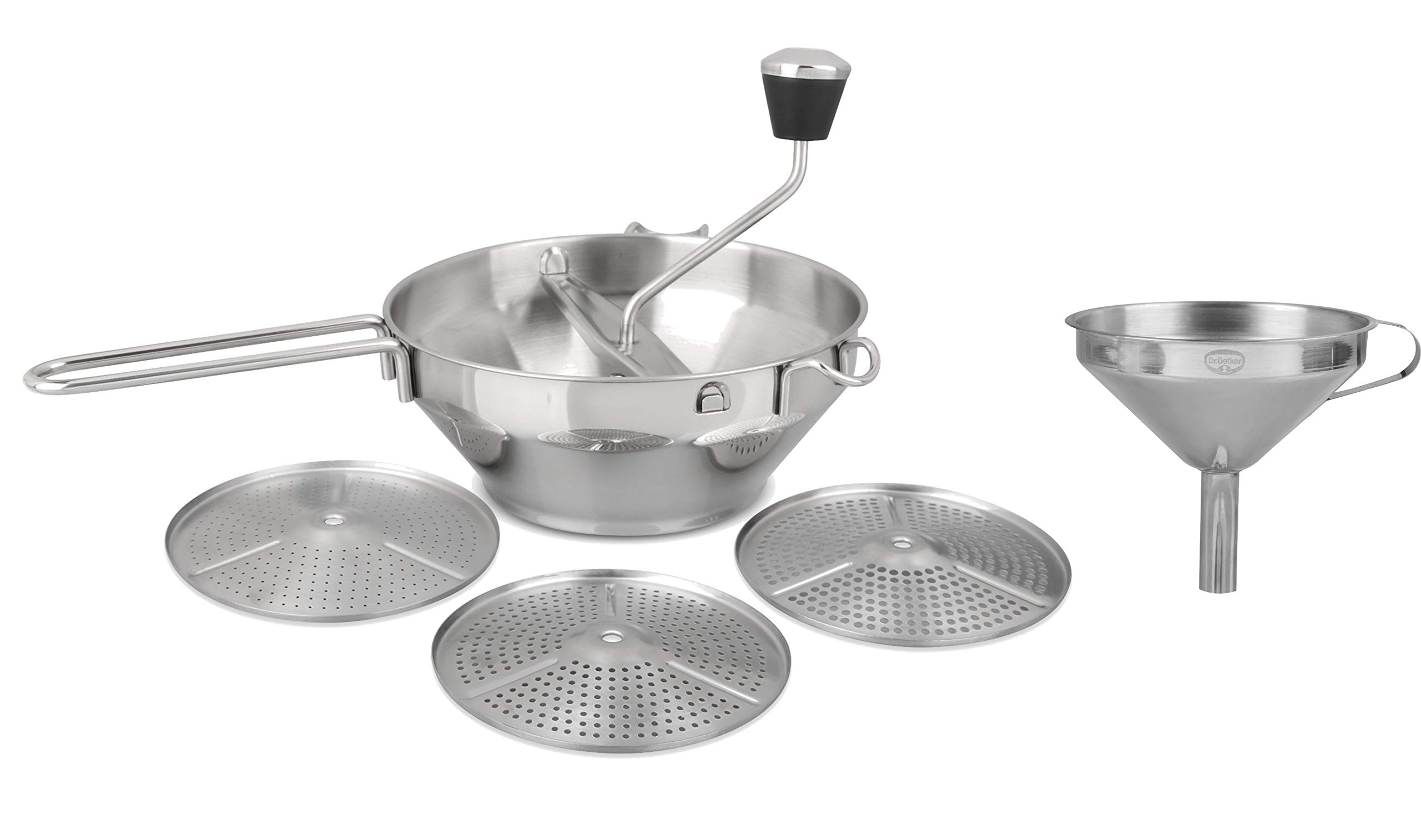 Dr. Oetker Passiergerät mit Trichter, Passiermühle und Einfülltrichter aus Edelstahl, Passiermaschine mit 3 Lochscheiben, Einmachtrichter mit Siebeinsatz (Farbe: Silber), Menge: 1 x 2er Set