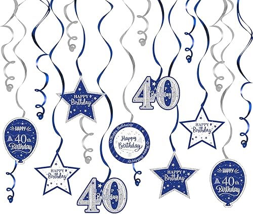 Miniatura 89 de Serpentinas de remolinos de cumpleaños feliz de 16 años con purpurina azul y plateada - Kit de 15 piezas de remolinos colgantes para el kit