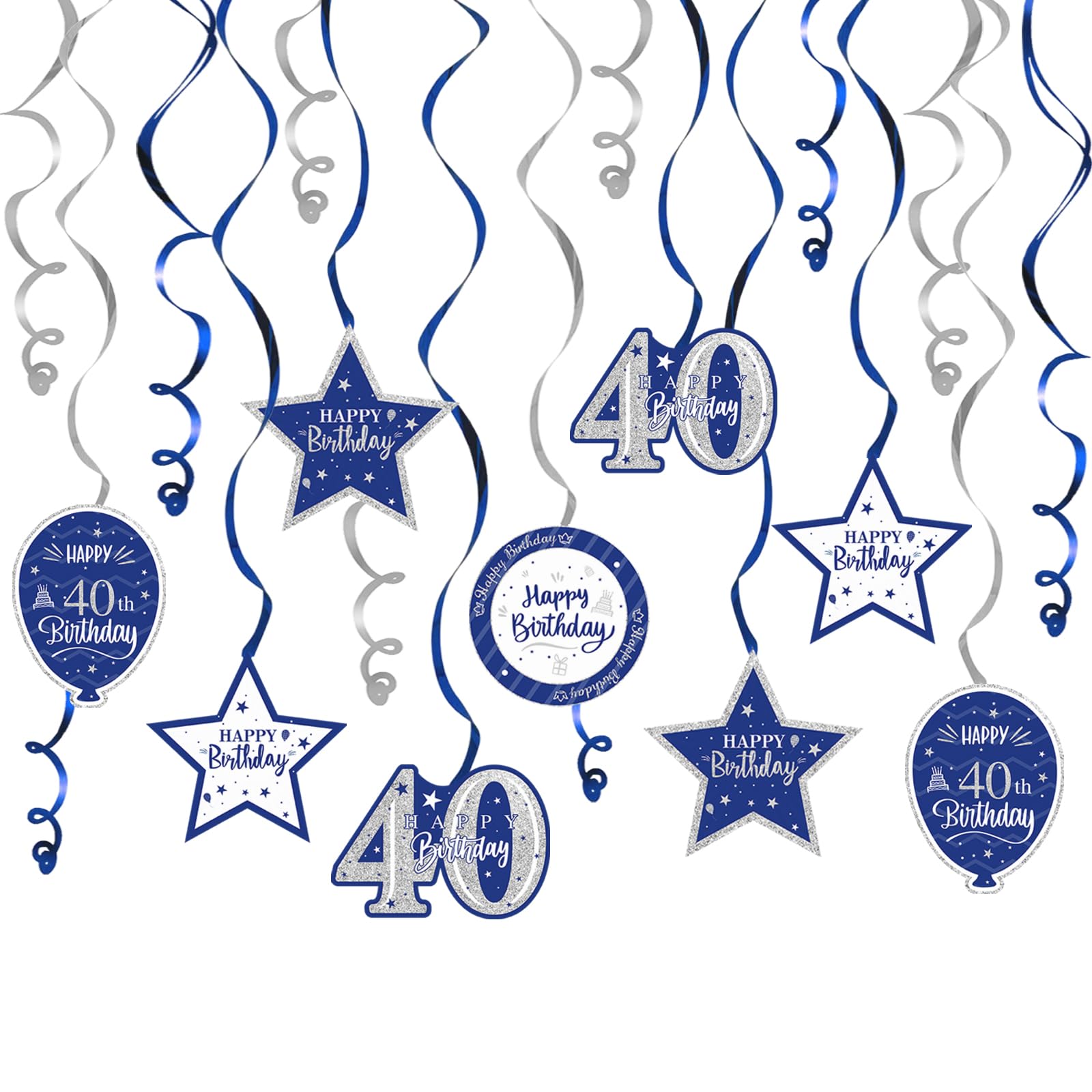 Nelbiirth Happy 40th Birthday Blue & Silver Glitter Swirls Streamers Party Decorations - 15 Pcs 40th Birthday Hanging Swirls Streamers Kit,Perfect for