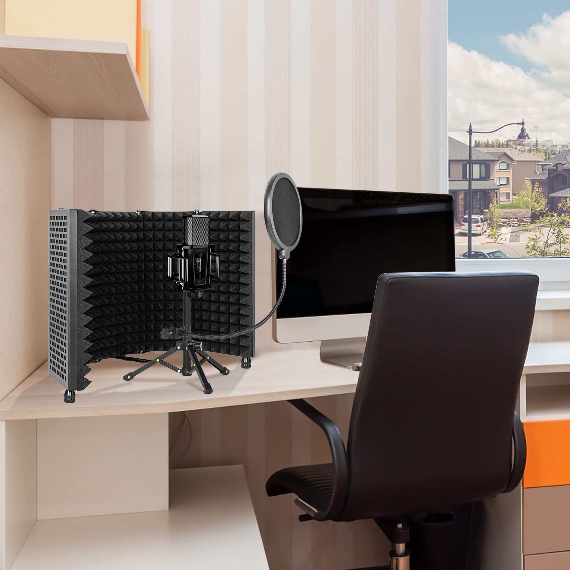 Bouclier d'isolation pour microphone avec trépied et panneau incurvé