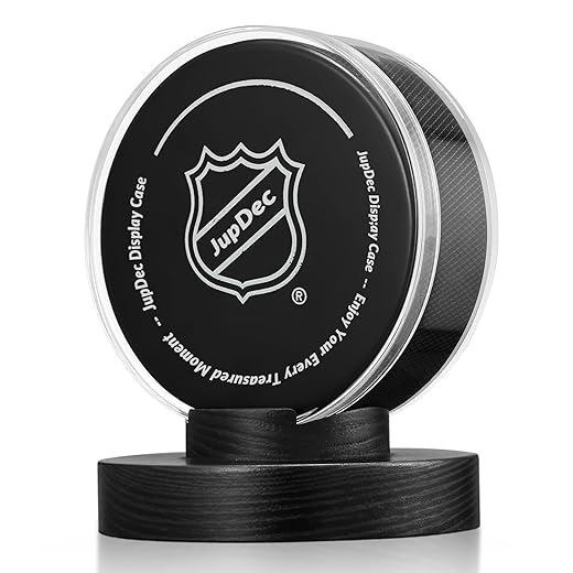 JupDec Hockey Puck Display Case Acrylic Clear Holder with Wood Base, Autograph Souvenir Display Stand, Perfect Showcase for Your Collection, Black, 1 Pack