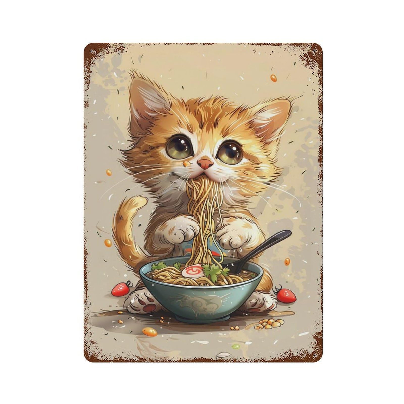Aged Metal Wall Plaque with A Cute Cat Is Eating Ramen Design 15.7"x11.8", for Farmhouse, Kitchen And Entryway Decor, Retro Wall Decor