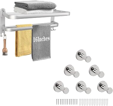 Towel Rack for Bathroom+Bathroom Towel Hooks, Bath Towel Holder with Double Towel Bar and Fold-able Towel Shelf, 6 Pack Round Coat Hooks, Sturdy Wall Mounted Robe Hook for Bathroom Bedroom.