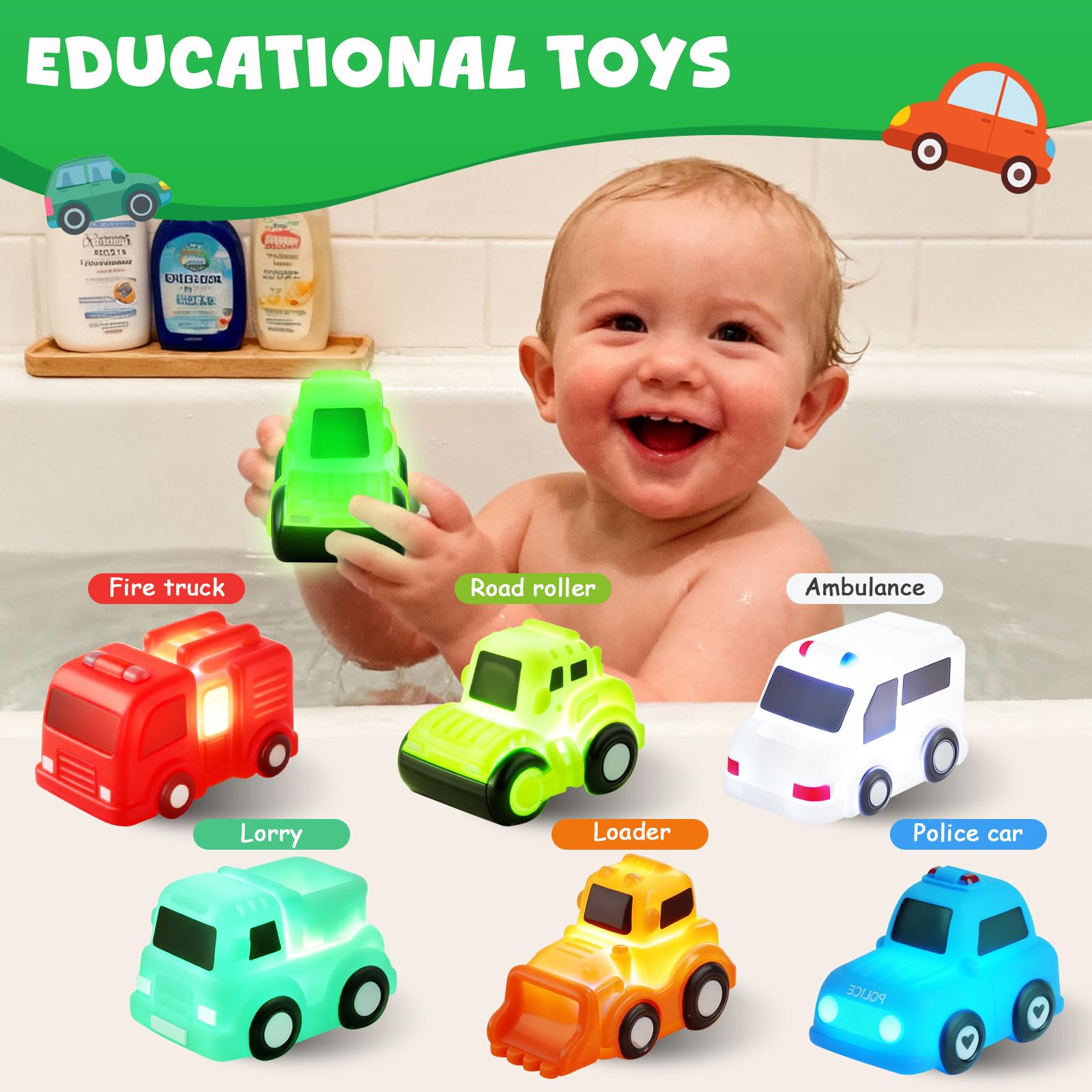 JoiTale Baby Bath Toys, 6 Pack Cars Light Up Bath Toys, No Hole No Mould Bathtub Toy for 1 2 3 Year Olds, Flashing LED Sensory Toy for Toddlers, Bath Time Shower Gifts for Boys and Girls — view 6