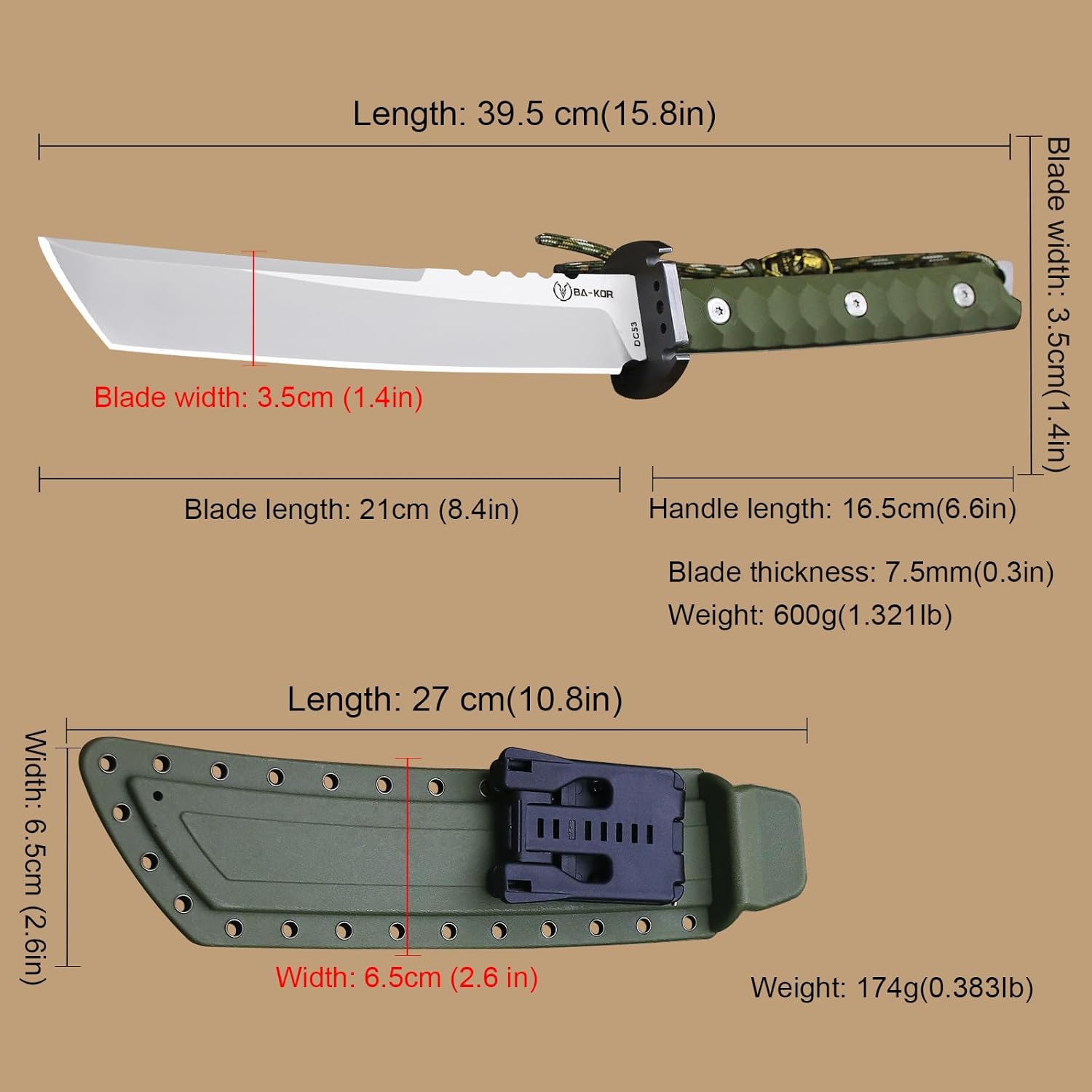 BA-KOR 15.8in Full Tang Japanese Style Outdoor Knife –8mm DC53 Steel, Nylon Fiber Handle &Sheath, Hunting Survival Knife+(5.9in) cerium igniter (Green-handled white blade (8mm))