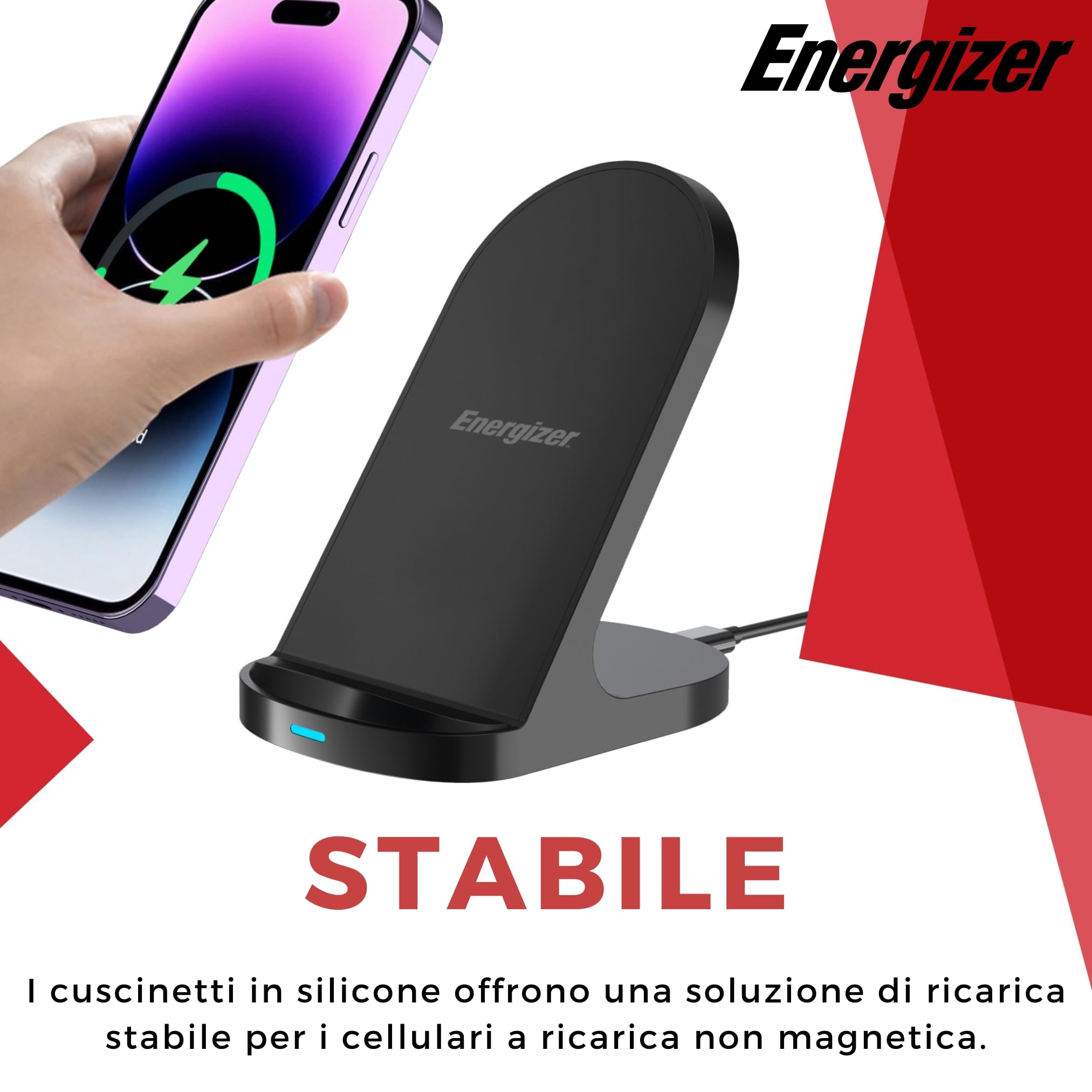 Energizer Caricatore Wireless 15W da Tavolo | Ricarica Rapida Verticale e Orizzontale, Compatibile MagSafe Iphone e Android, Stand Qi con Doppia Bobina, USB-C, compatibile con Custodie | WCP108