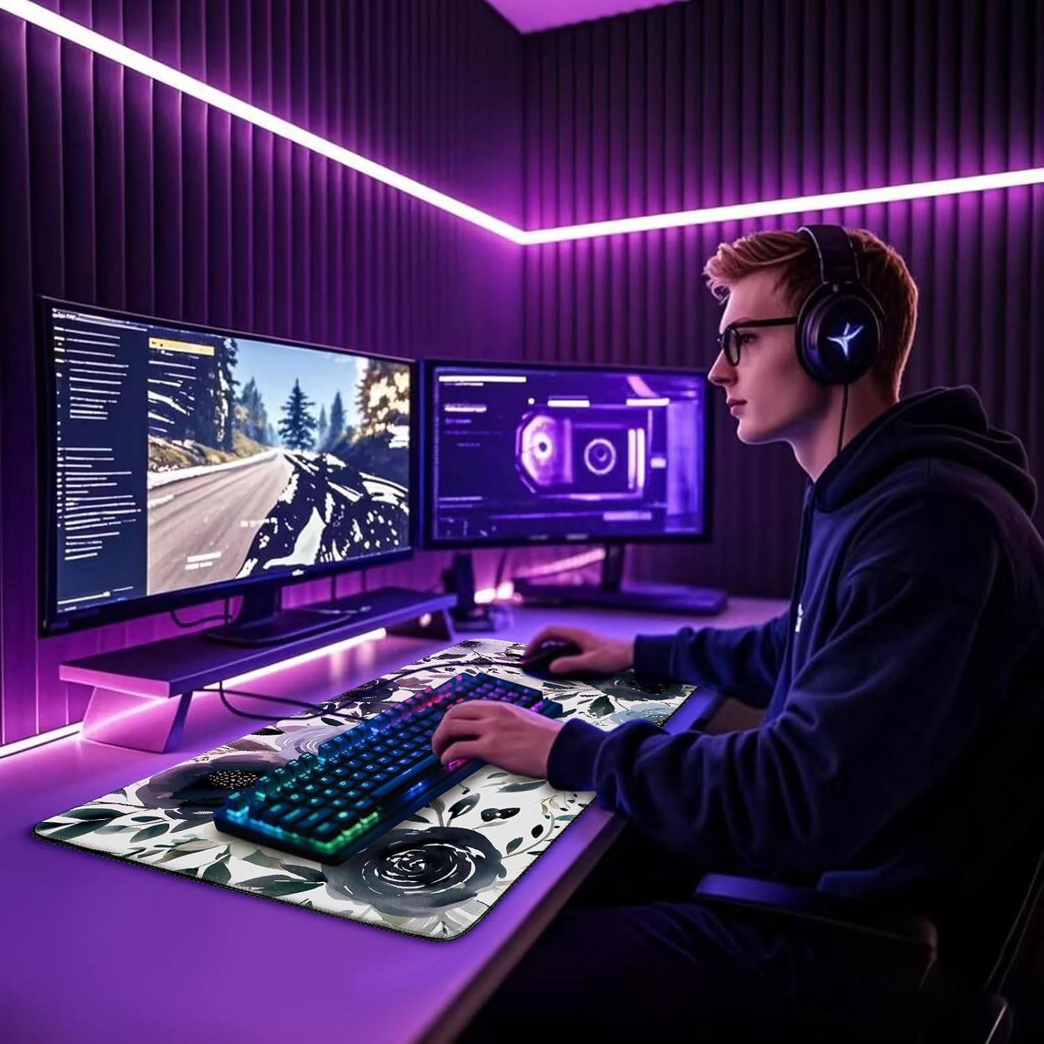 Large Gaming Mouse Pad 31.5x15.7 Inch, XXL Mousepad with Non-Slip Rubber Base & Stitched Edges, Extended Desk Mat for Computer/Laptop/Office/Home Navy Blue and White Watercolor Floral - Image 8