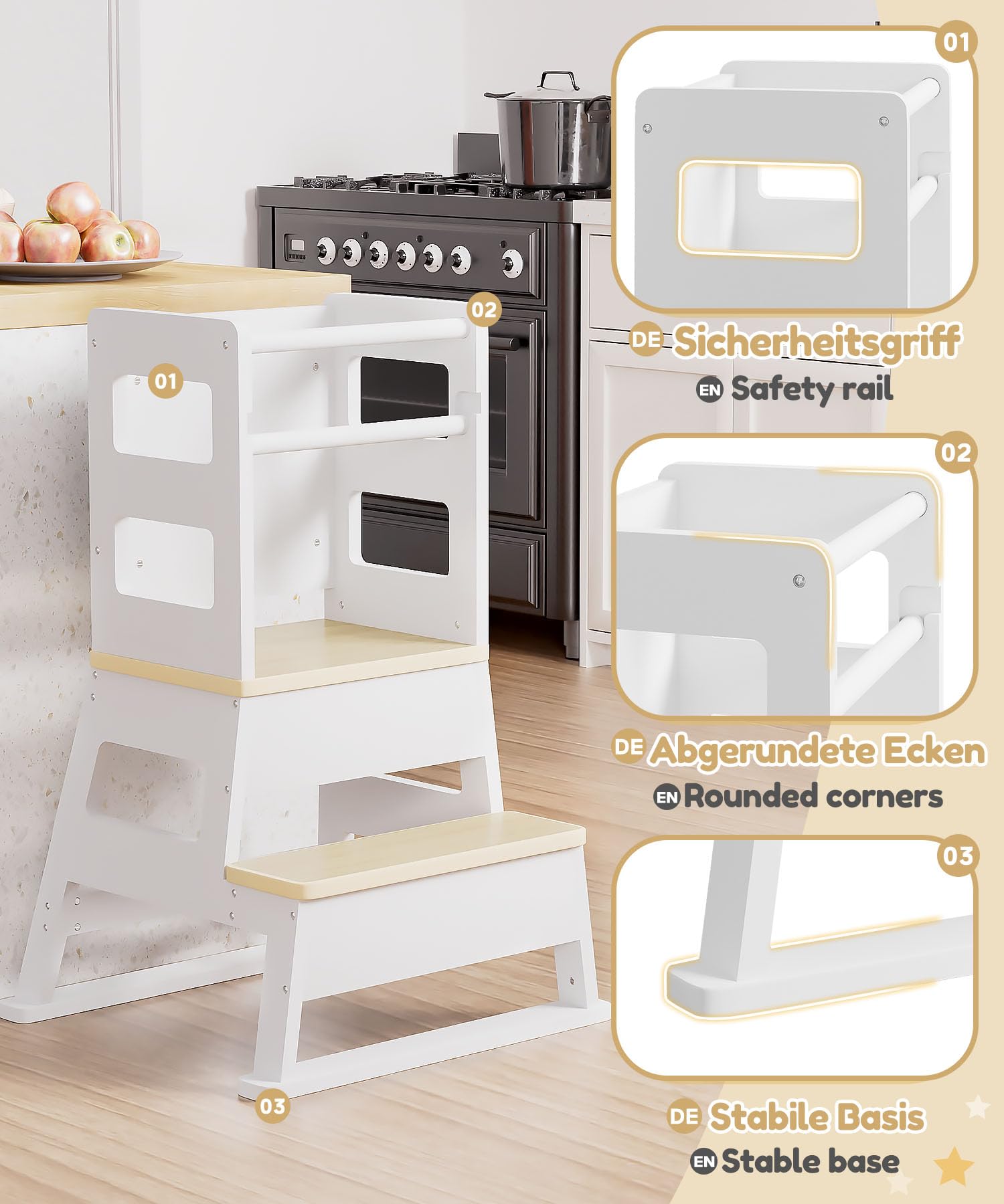 Yorbay Torre de aprendizaje para niños a partir de 1 año: elegante Torre de aprendizaje con pizarra, sólida Montessori Torre de aprendizaje para niños, con 2 niveles y barra de seguridad, para cocina