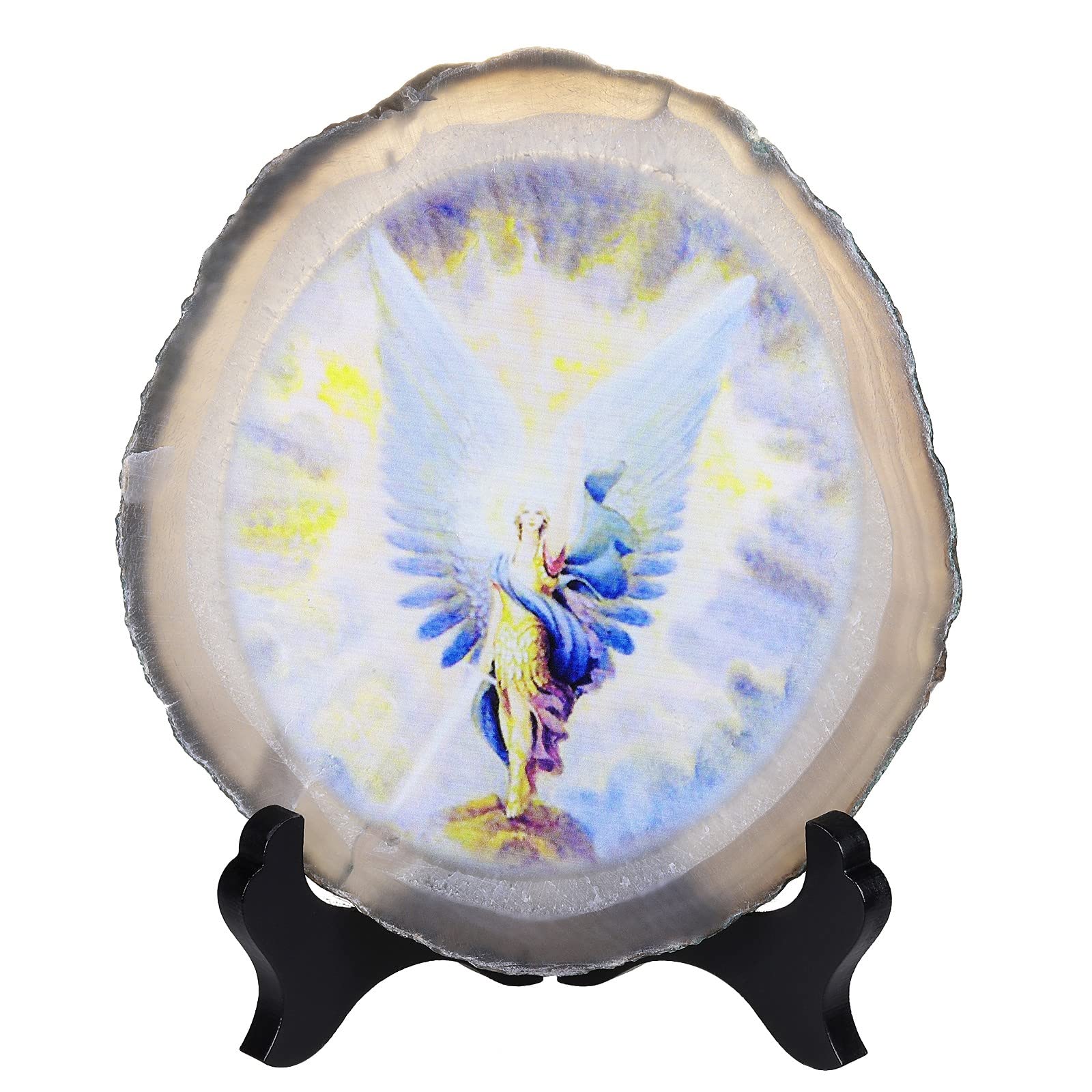 KYEYGWO Natural Irregular Agate Slice Painting Decor with Wooden Stand Agate Geode Slab for Desk Hallway Portrait of Angel