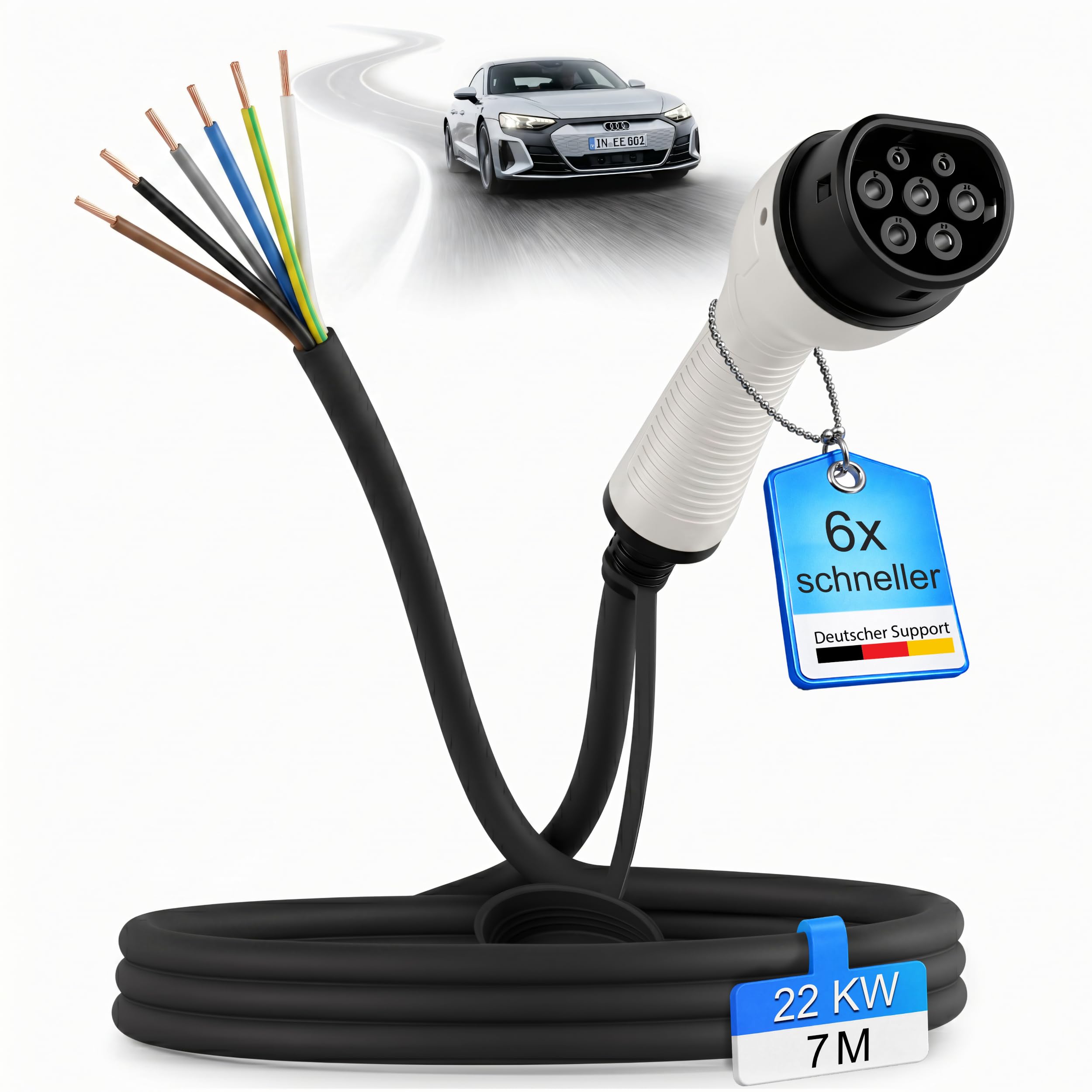Typ 2 Ladekabel 22kW 7M offenes Ende für Elektroauto & Hybrid • Ersatzkabel 3 phasig 32A für EV PHEV • geeignet für alle E Autos Modell 3 S X Y, ID3, ID4, ID5