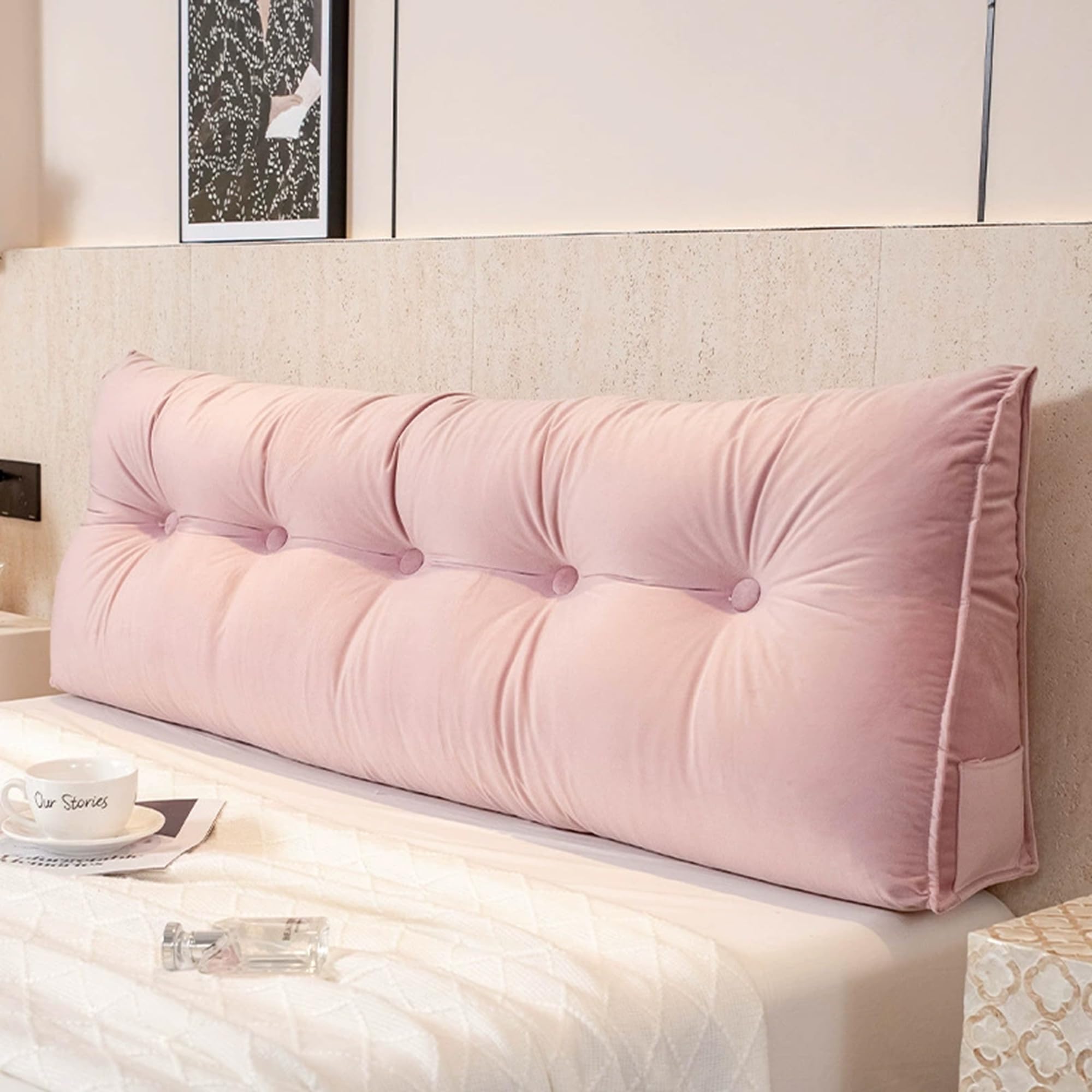 DUOLEH Wedge Pillow with Removable Cover & Pocket, Bolster Support Reading Pillow, Triangular Backrest Cushion, Soft Headboard Backrest Lumbar Cushion for Bed, Tatami (120x50x20cm,Pink)