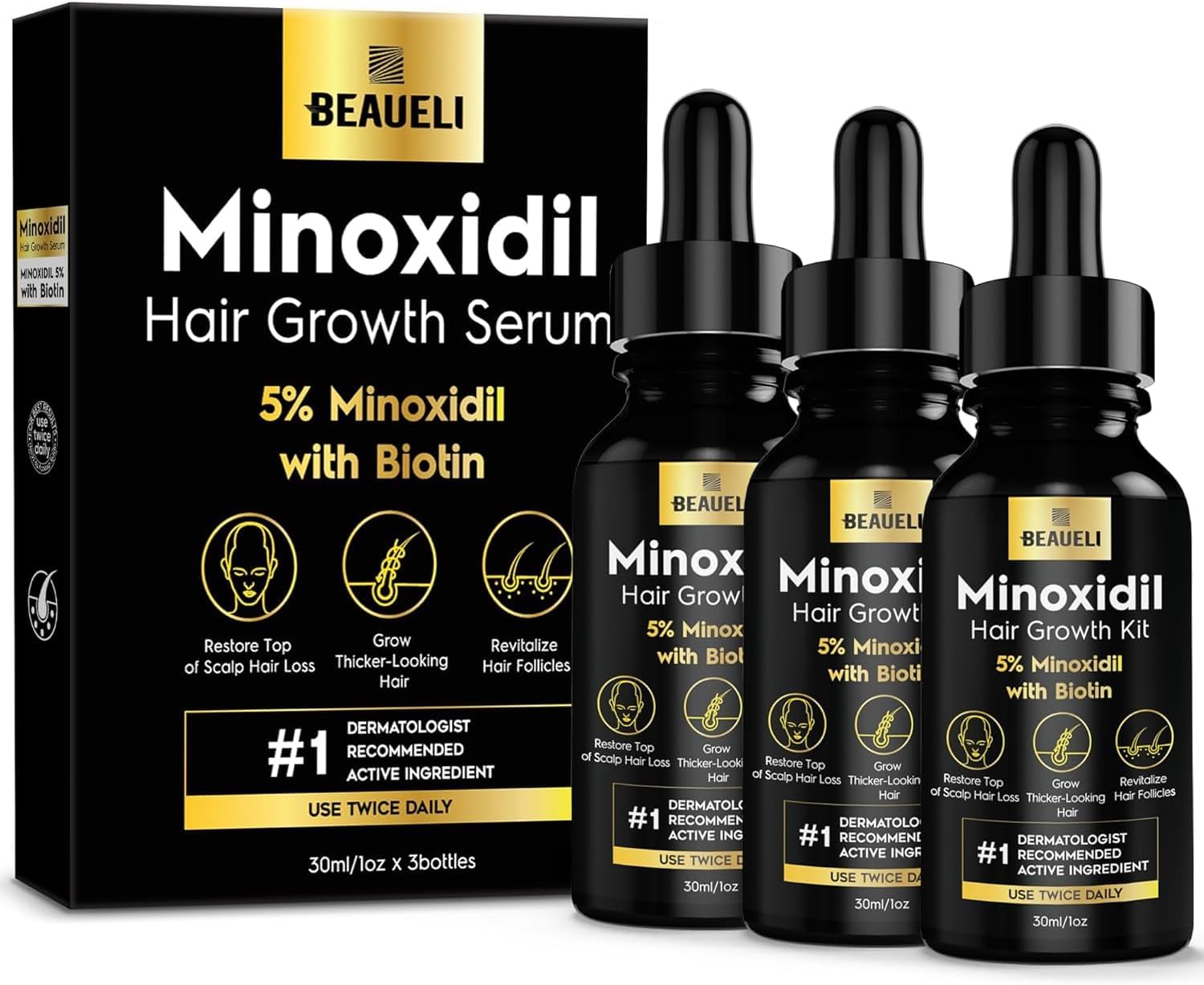5% Minoxidil Hair Growth for Men and Women: Extra Strength Minoxidil Regrowth Treatment Serum for Thinning Hair Loss to Grow Thicker Fuller Faster 30ml 3Bottles