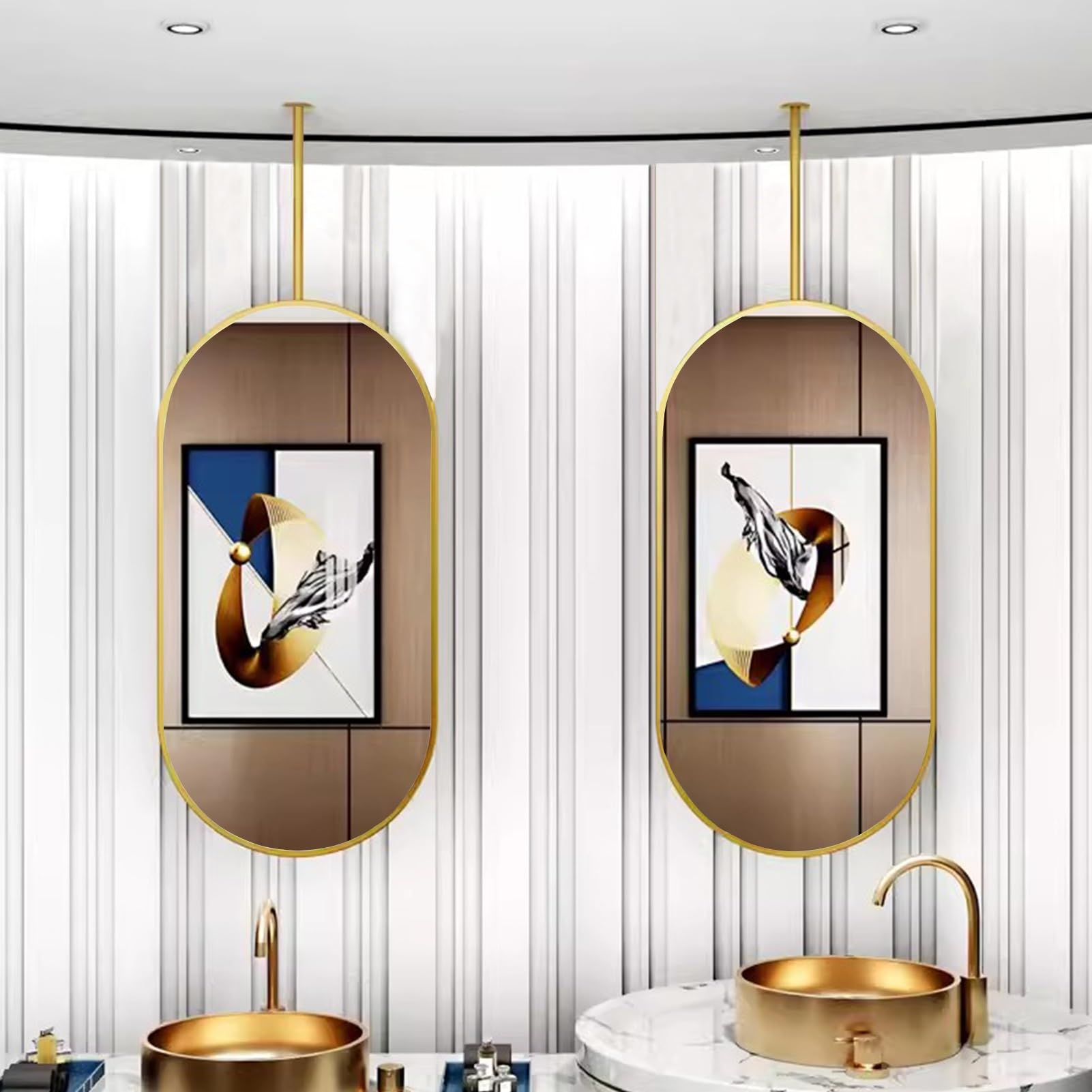 FGXHHS Oval Ceiling Hanging Floating Mirror for Bathroom Apartment Livingroom Farmhouse Glass HD - Booms can be customizable, Gold (Size : 40cmx70cm)