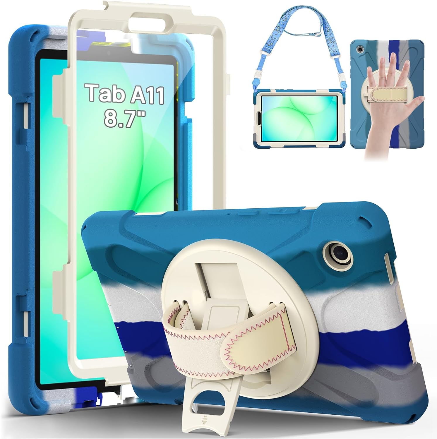 Gerutek Case for Samsung Galaxy Tab A11 Case 8.7" 2025, Full-Body Drop Protection Shockproof Cover with Screen Protector, 360° Rotating Stand, Hand/Shoulder Strap, Pencil Holder, Colorful Blue
