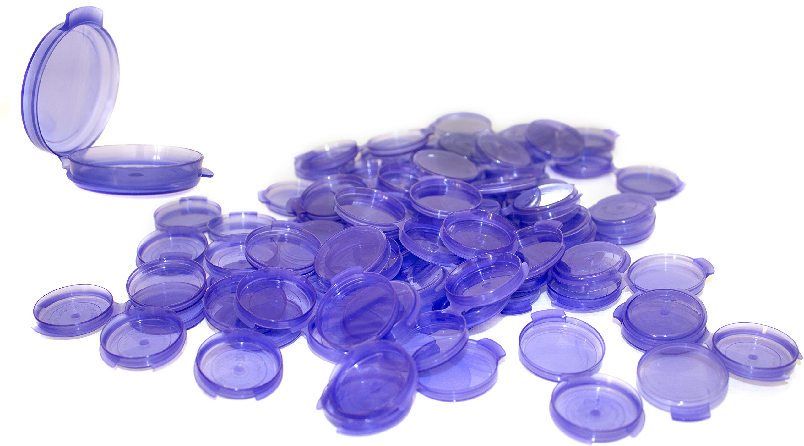MADE IN THE USA 100 Pack Small Plastic Containers with Attached Clamshell Lids for Makeup Samples, Skincare Testers, Lab Work, Beads, Seeds, Jewelry, Coins, Travel (Transparent Purple, 1/20 (0.05 oz)