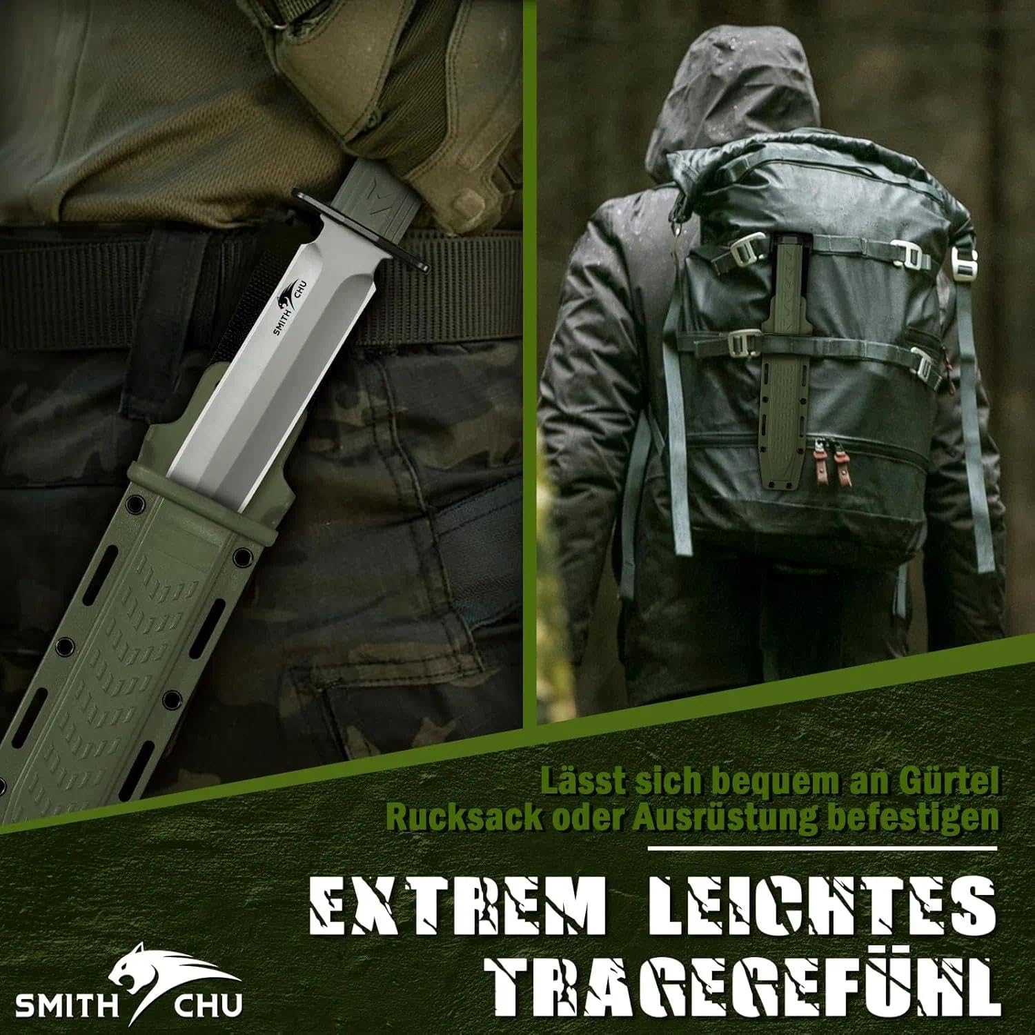 SMITH CHU Outdoor Messer Feststehend, Survival Messer für Trekking Camping, Kydex Scheide mit Schleifstein, Ergonomischer Griff, Grün Bushcraft Ausrüstung, Geschenke für Männer