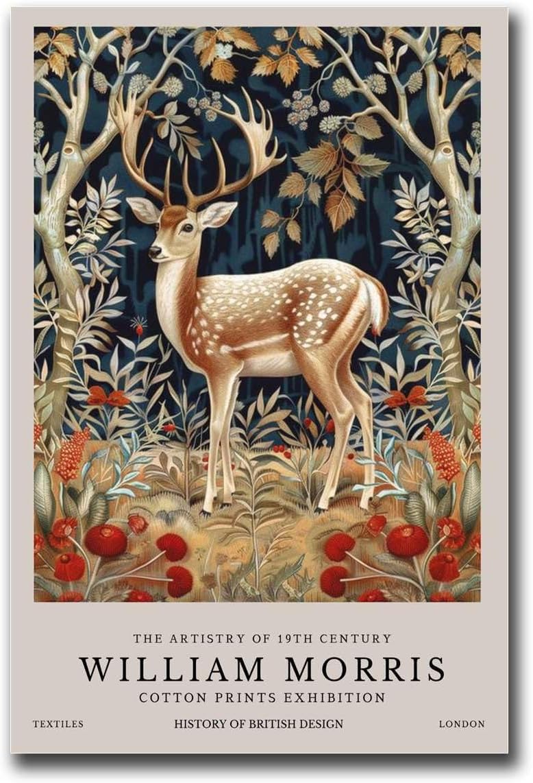 ZZYGGN GMGSW William Morris Prints Reindeer Poster Exhibition Wall Art William Morris Canvas Painting Floral Picture for Home Wall Decor 16x20inx1 Frameless