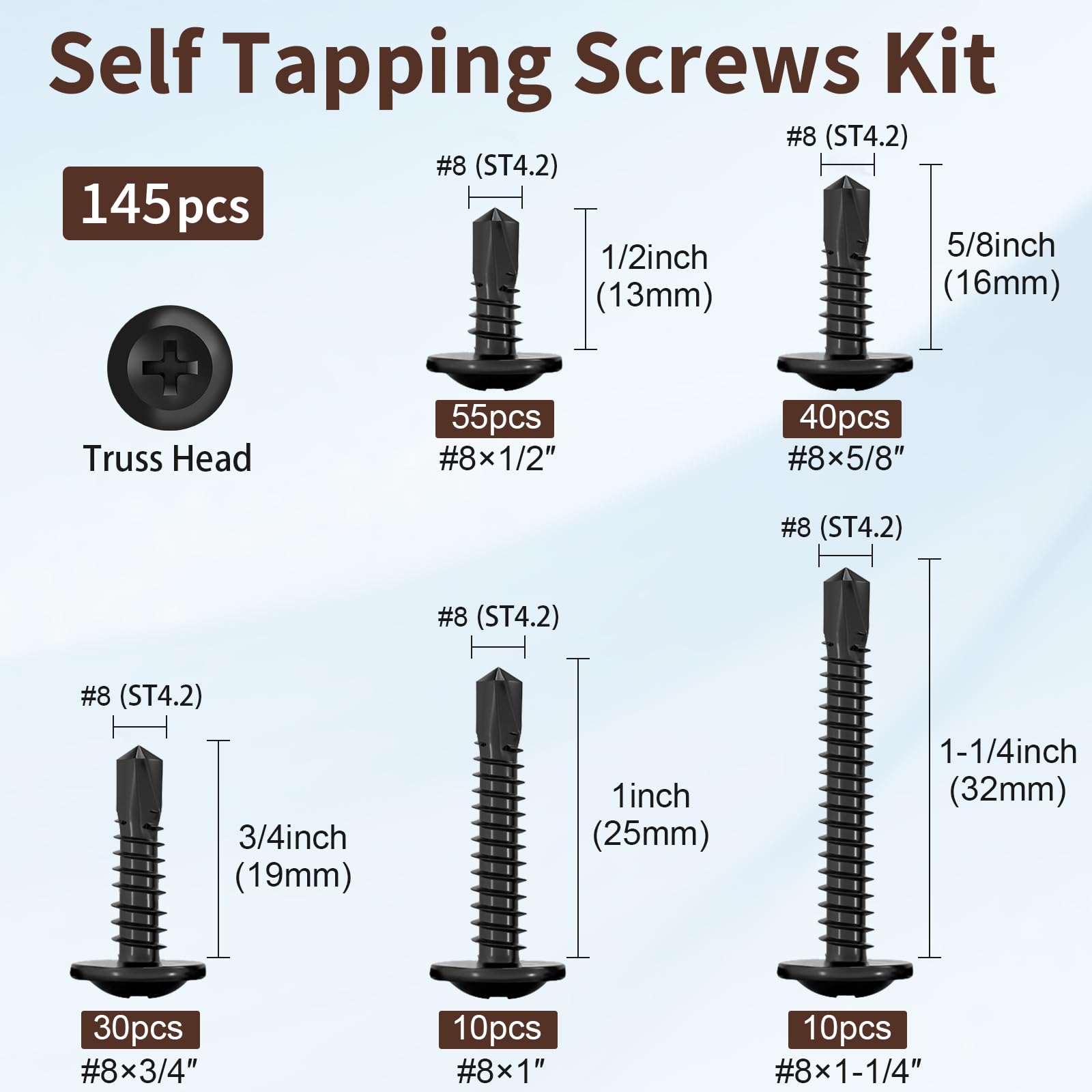 145 tornillos autorroscantes, tornillos autorroscantes de acero inoxidable 410 para metal, kits surtidos de tornillos de chapa metálica, chapados en zinc negro, tornillos autoperforantes de cabeza de