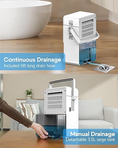 Miniatura 6 de Deshumidificador pequeño con manguera de drenaje, deshumidificador portátil para baño, deshumidificadores de 118 onzas para el hogar, 800 pies