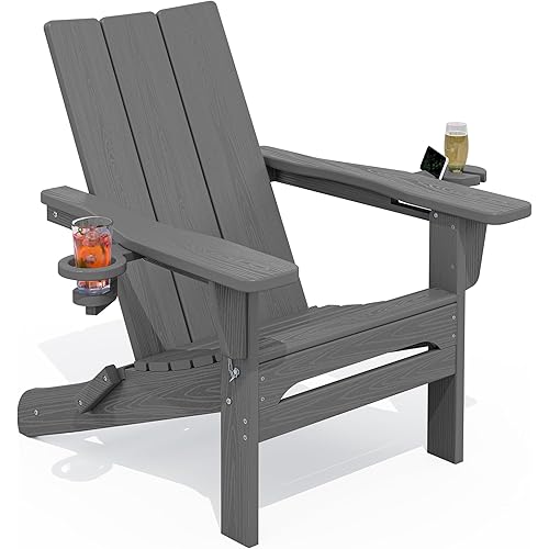 SERWALL Outdoor HDPE Modern Adirondack Chair，Folding Adirondack Chair with Cup Holders, All Weather Resistant Fire Pit Chair, Gray