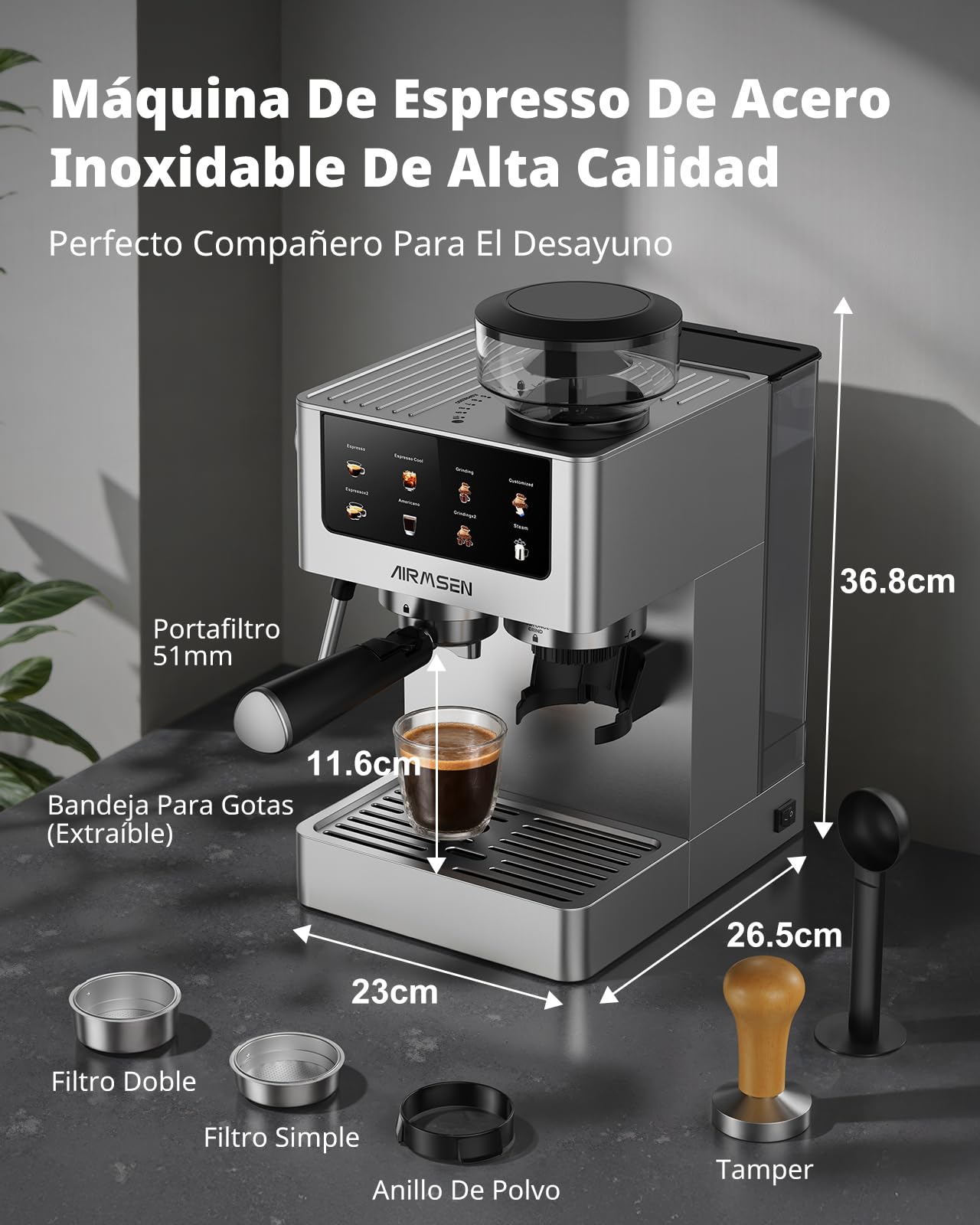 AIRMSEN 20 Bar Siebträgermaschine mit Kegelmahlwerk & Milchschäumer, 1.8L Wassertank, Edelstahl Espressomaschine Kaffeemaschine für Americano, Cappuccino und Latte