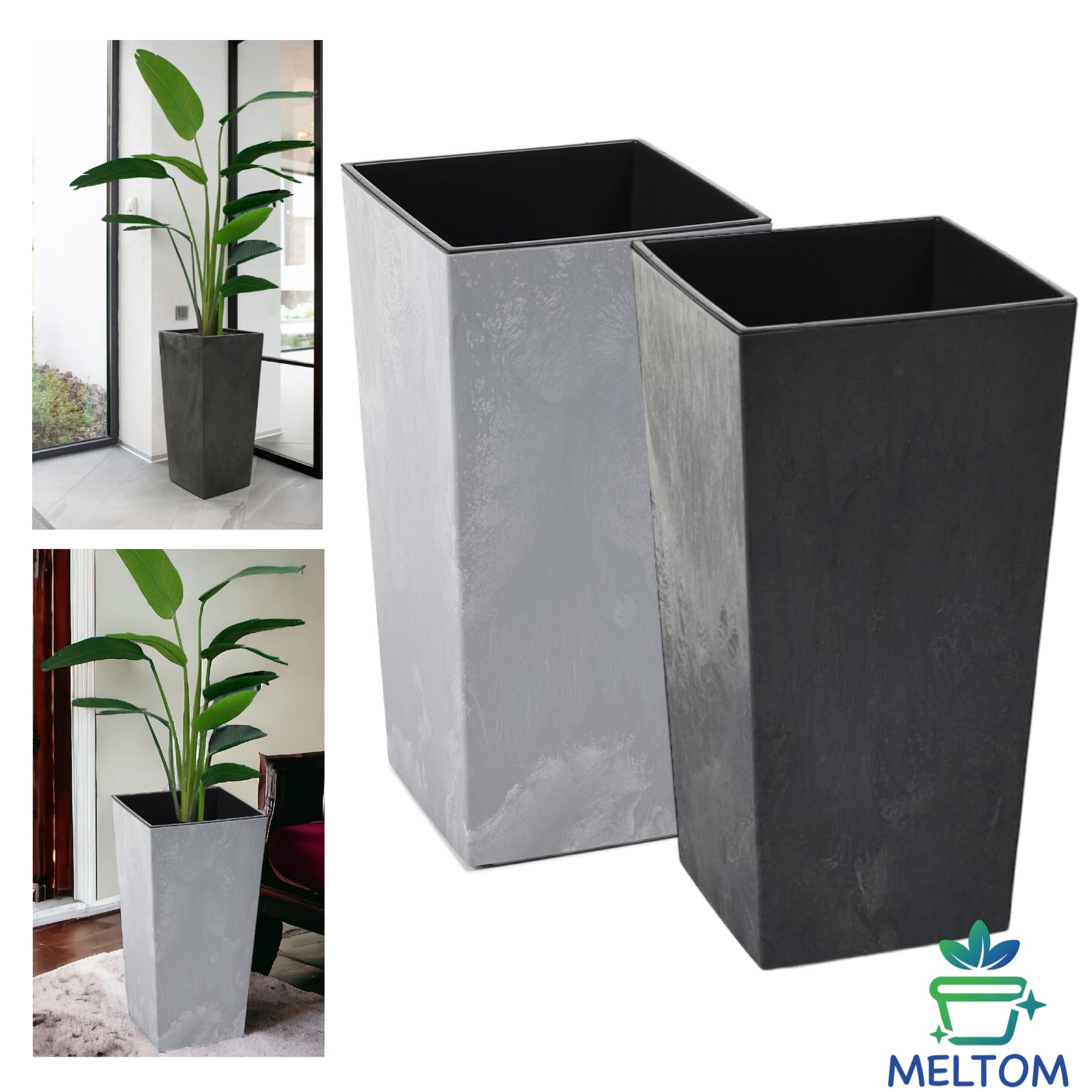 MELTOM Pot de fleurs carré 24 x 24 x 46,5 cm Gris béton avec système