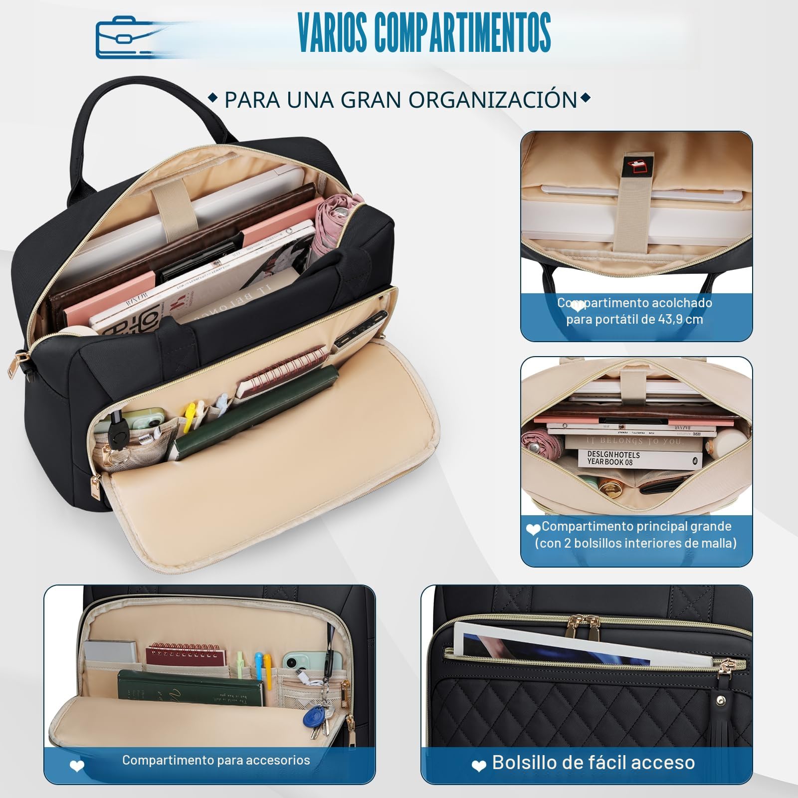 RAINSMORE Maletin Portatil Impermeable Bolso Portatil Mujer 17,3 Pulgadas Portadocumentos Mujer Grande Bolso Ordenador Portatil para Trabajo Oficina Universidad Negro