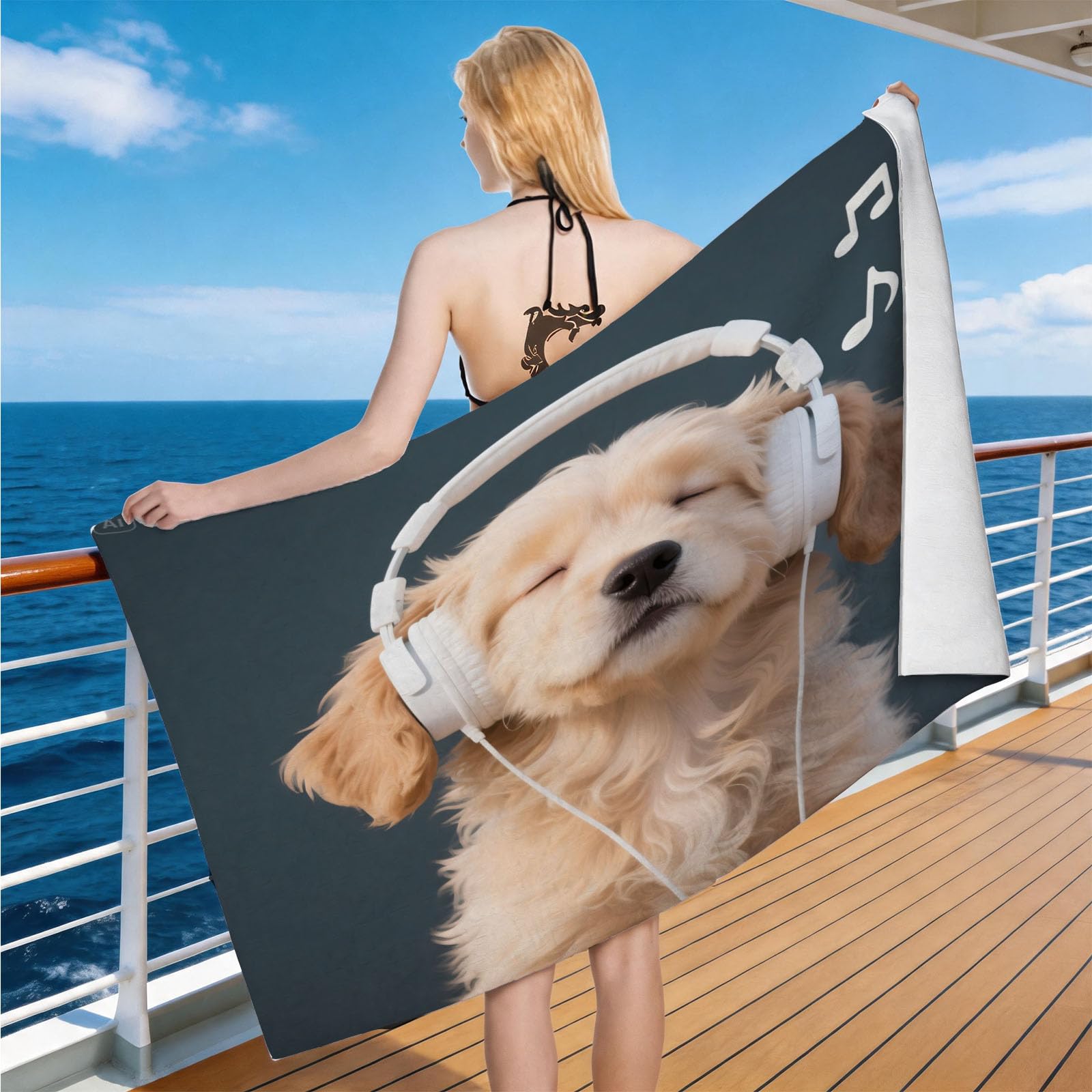 Hongduo Microfiber Quick Dry Beach Towel Musical Puppy, 3D Cozy Pet Beach Towels Absorbent Fast Drying Bath Towels, Travel Camping Gym Swimming Bathroom (70x150cm)