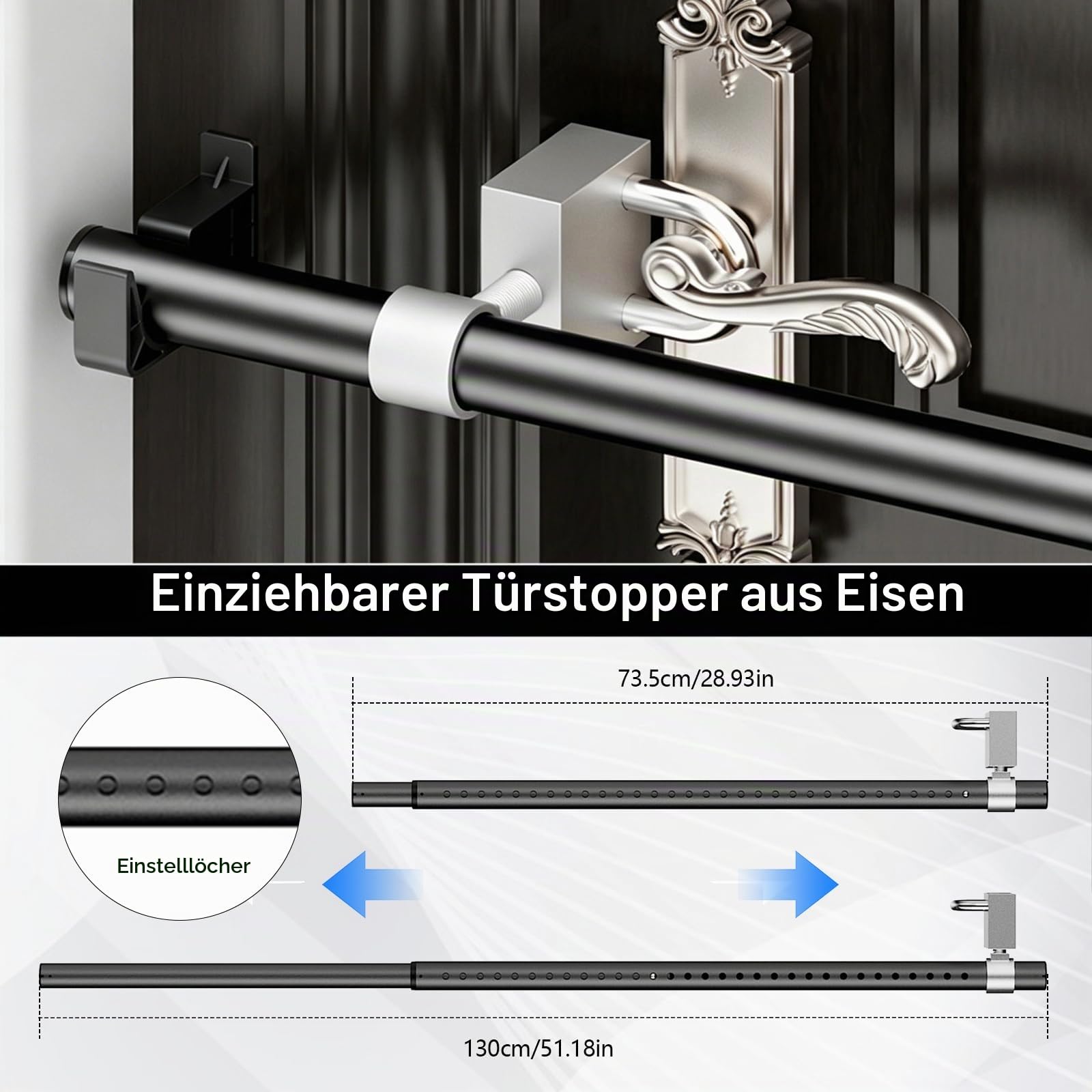 Einbruchschutz Türsicherung, Sicherheitstürstange Tür Barrikade Wohnungstür und Haustür Ohne Bohren Verstellbare Türsicherung Stange aus Stahl Zusatzschloss und Mobiler Türstopper für Heim und Hotel