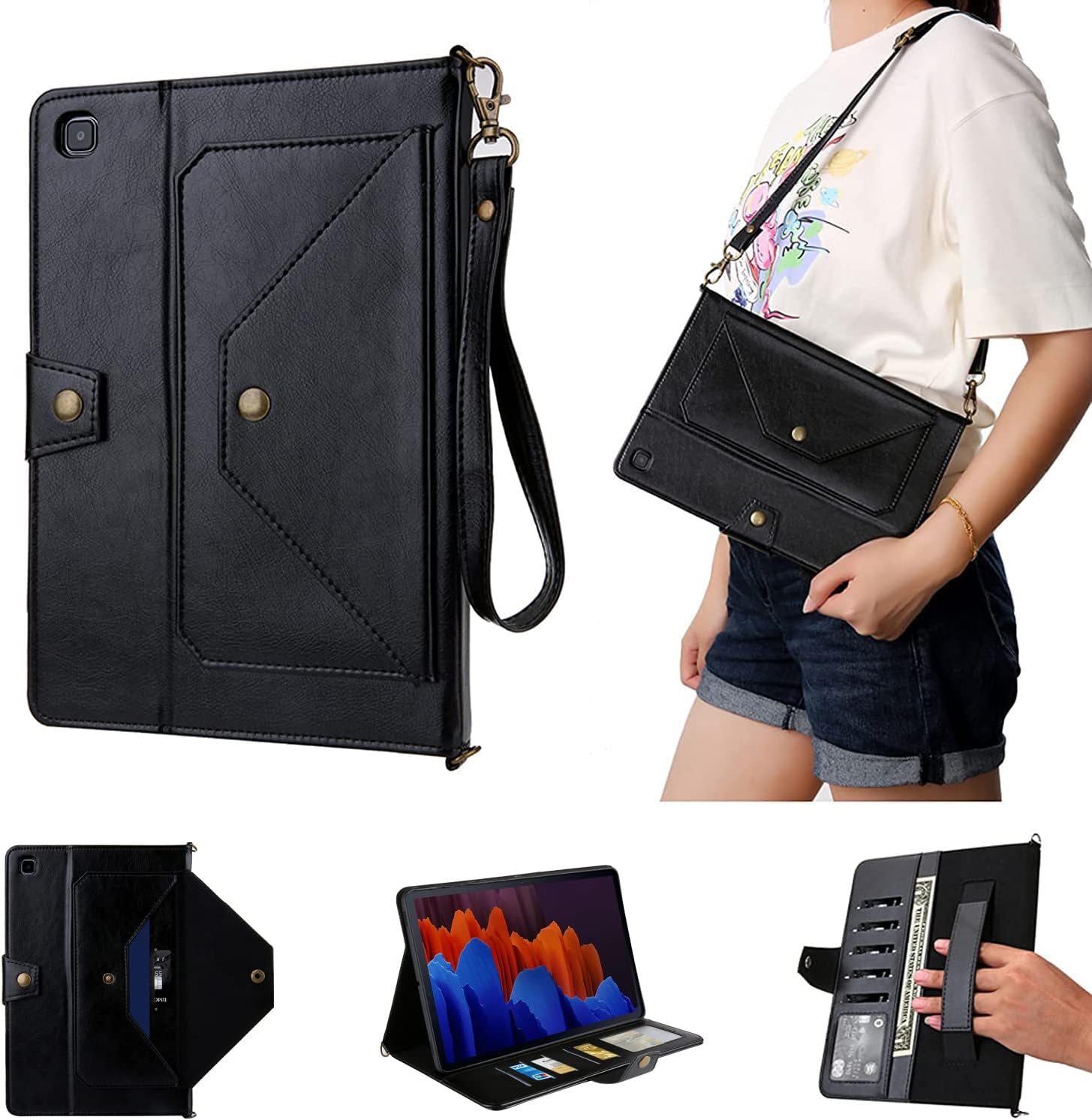 Case for Galaxy Tab S6 lite Book Cover, PU Leather Protective Cover Wallet with Card Slots Shoulder Bag Carrying Case for Samsung SM-P610/P615 Galaxy Tab S6 Lite 10.4 2020,Black