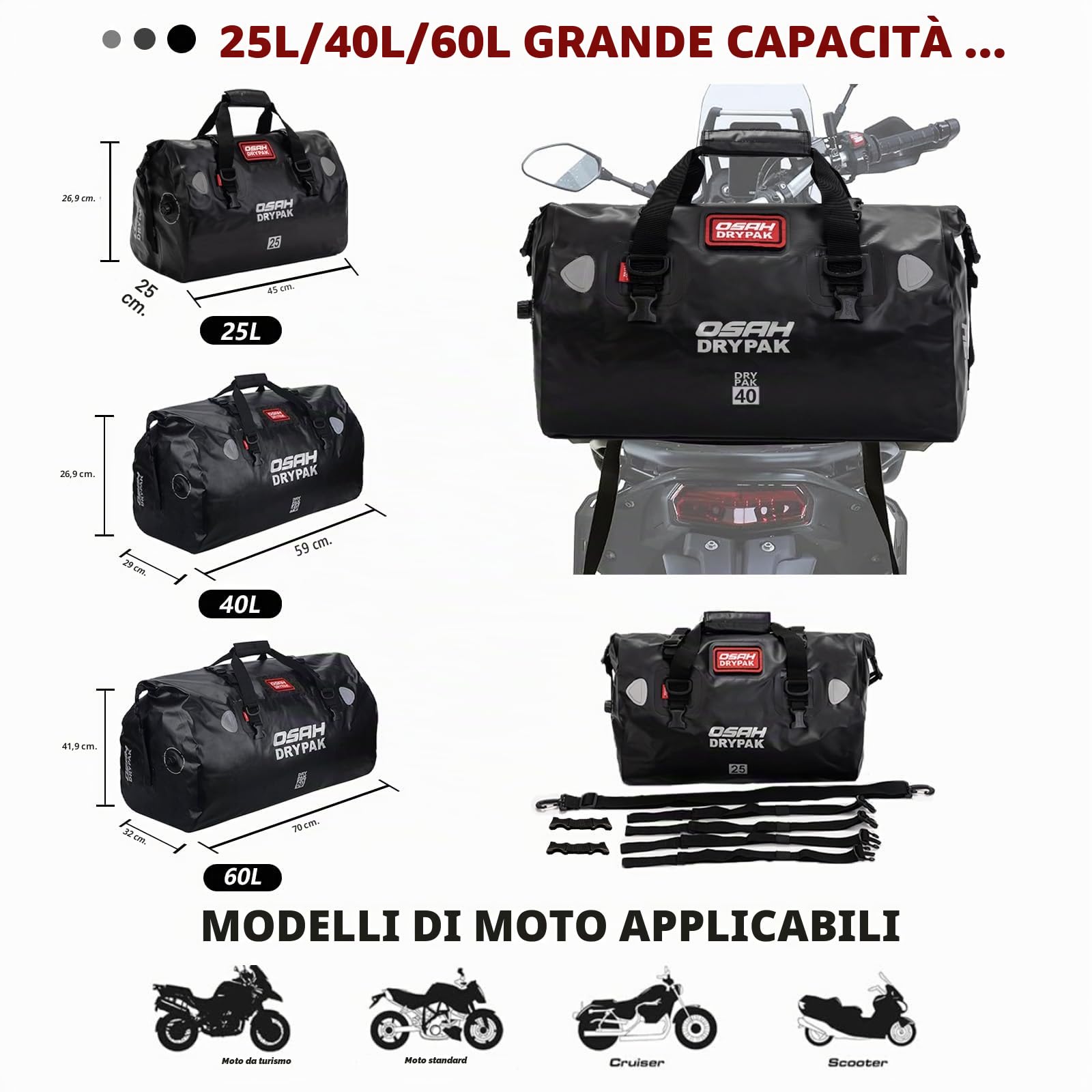 Sacchetto asciutto moto-Borse da sella impermeabili per motociclette e bagagli con chiusura a rullo，Grande Spazio di Immagazzinaggio，Escursionismo, Ciclismo, Viaggio(Nero, 40L)