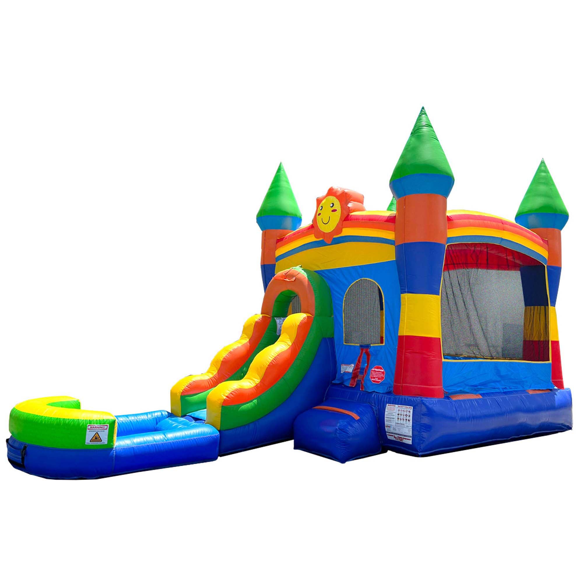 Inflatable Bounce House with Slide for Kids - 26.5 x 12 x 14.5 Foot Backyard Rainbow Castle Smiley Face Combo Bouncer with Water Pool, Outdoor Jumpers - Includes Blower, Anchor Stakes, and Storage Bag
