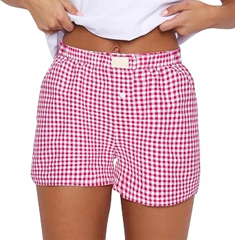 GOKKILRW Womens Plaid Pajama Shorts Cotton Gingham Pj Bottoms Elastic Y2k Boxer Shorts Casual Summer Sleep Lounge Short Pants