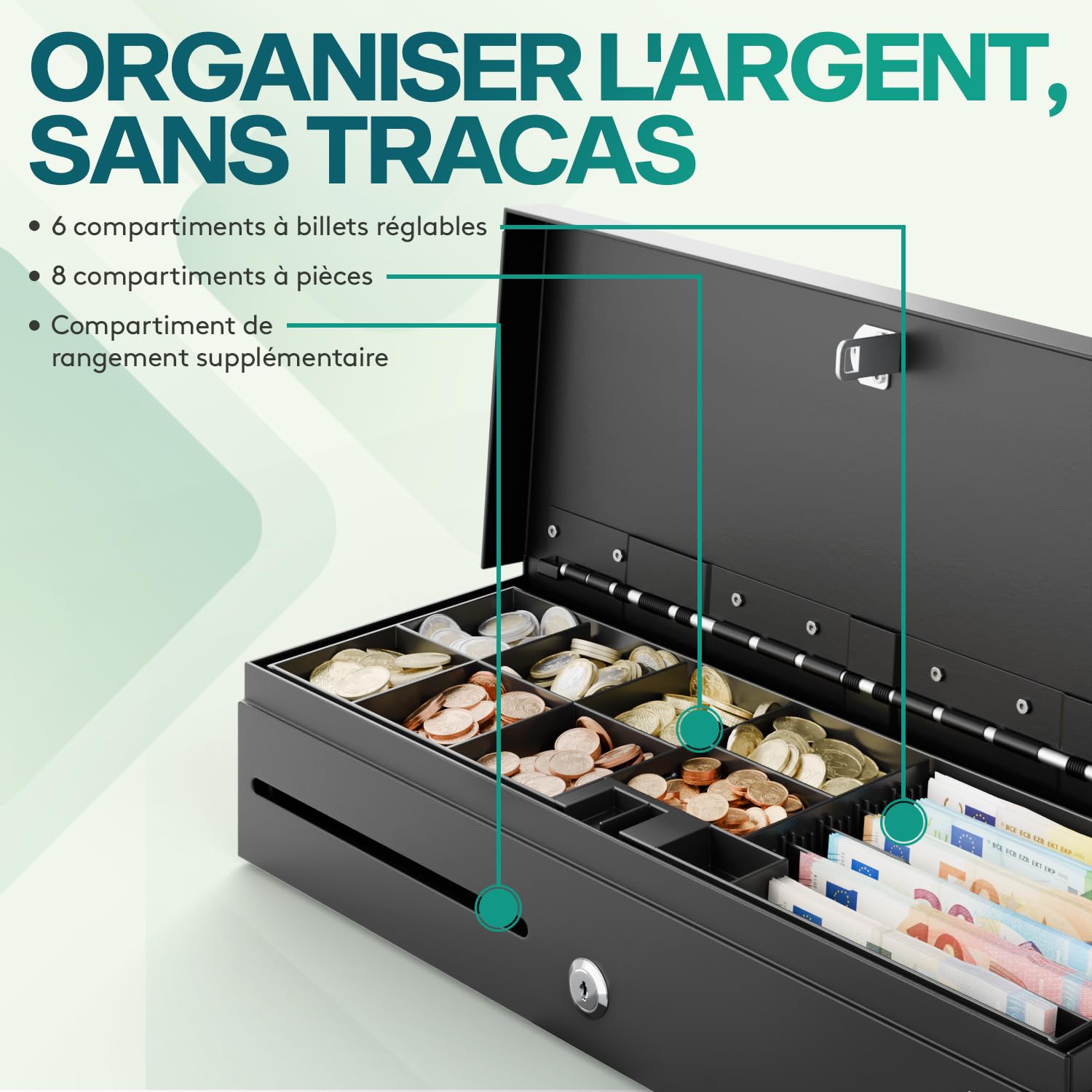 ACROPAQ Tiroir caisse Fliptop - Compatible avec caisse enregistreuse RJ11, 6 compartiments monnaie & 8 billets, Insert amovible, (46 x 18 x 10 cm) Boîtier en métal robuste - Caisse